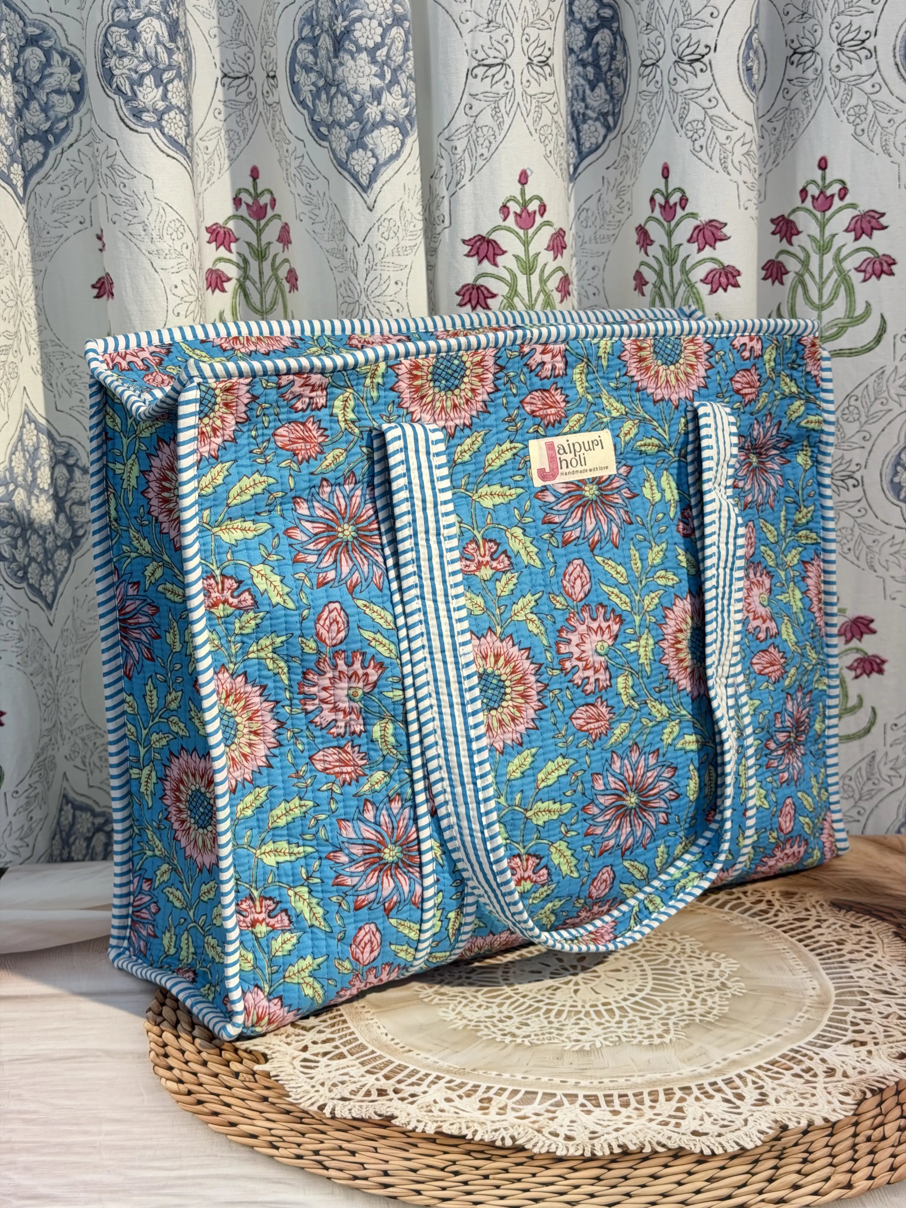 Jaipur Block Print Cotton Quilted Everyday Tote Bag - Blue Floral Print Back View