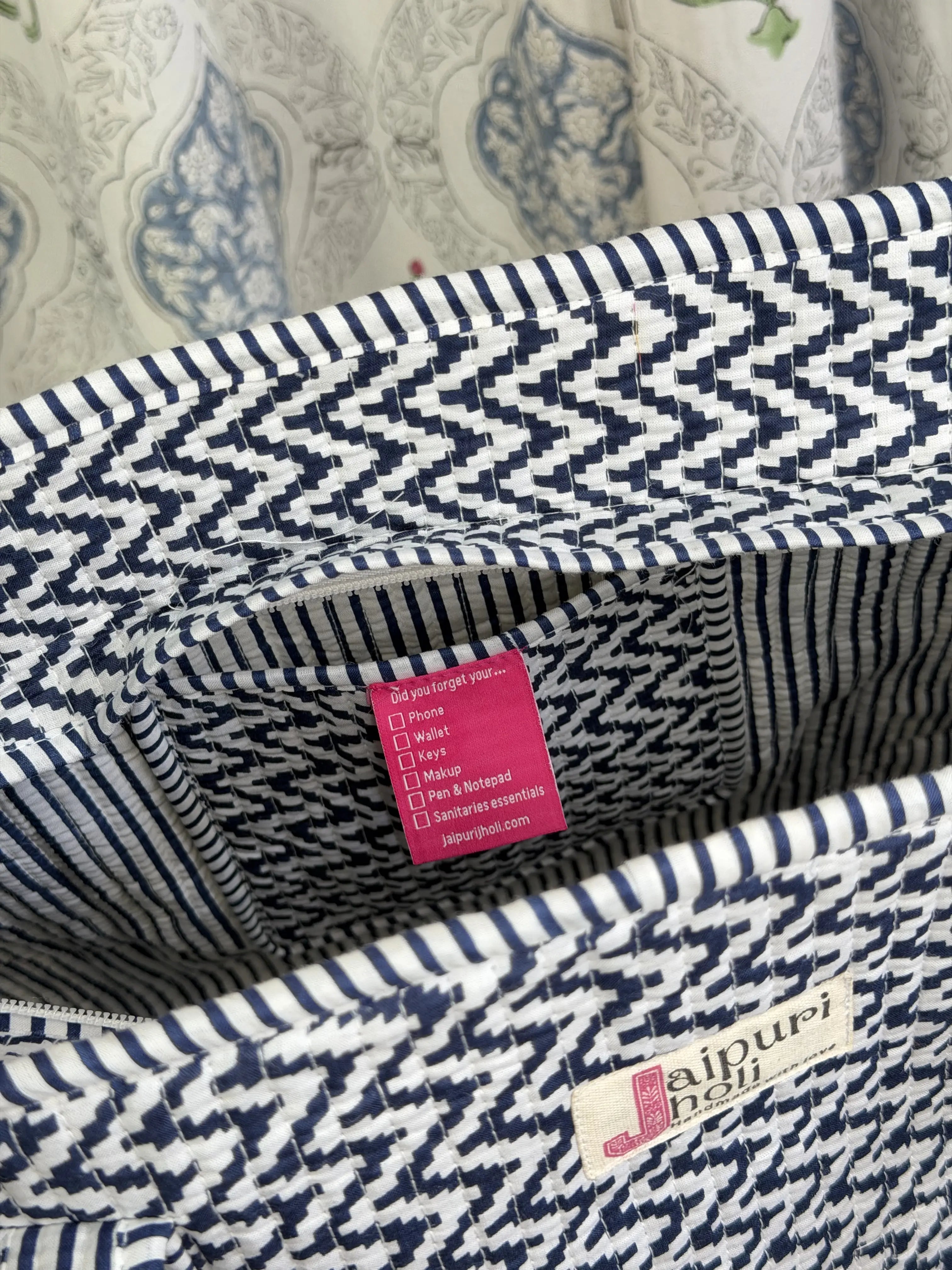 Jaipur Block Print Cotton Quilted Everyday Tote Bag - Black and White zigzag Geometric Print Close-Up View