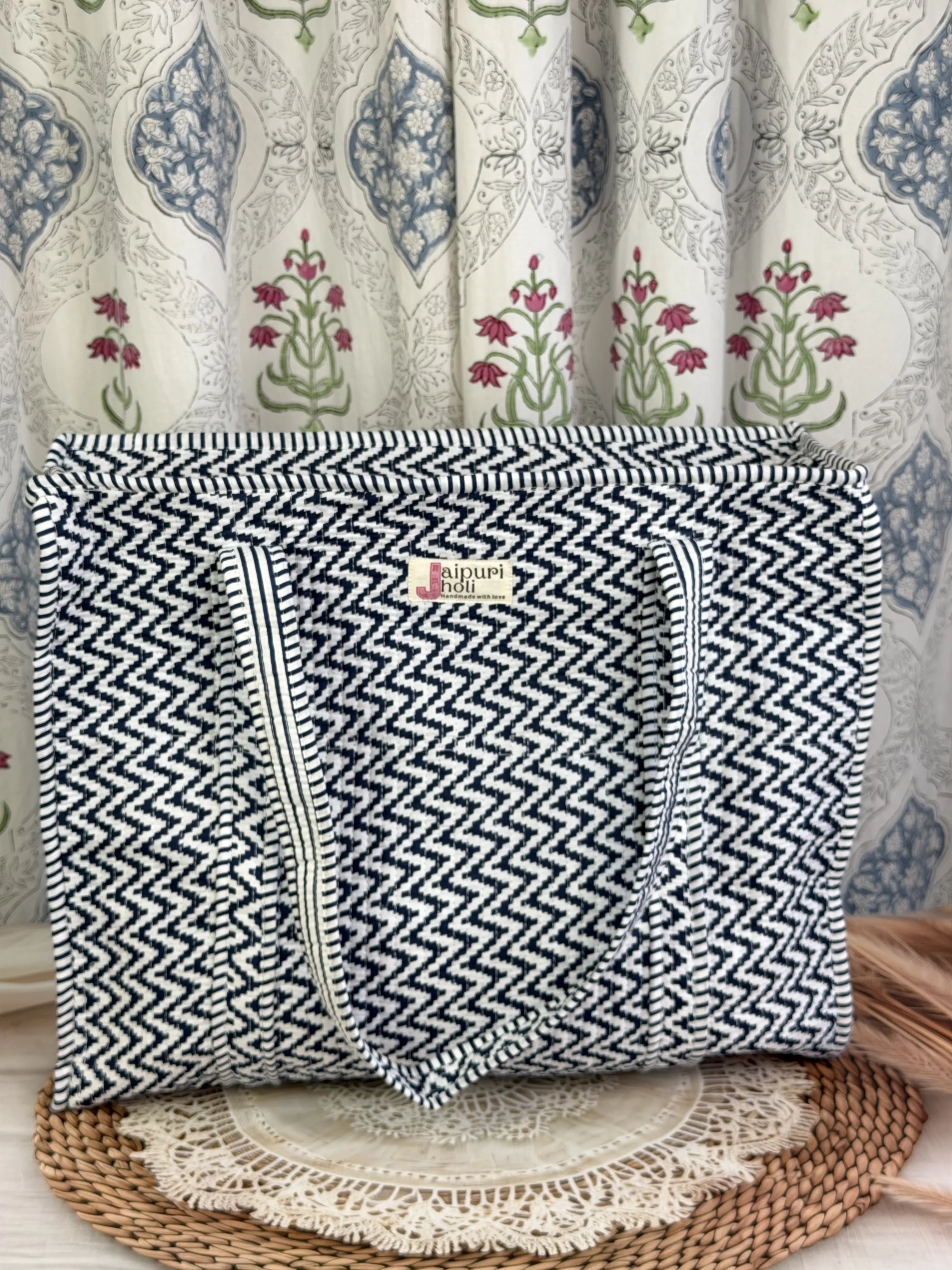 Jaipur Block Print Cotton Quilted Everyday Tote Bag - Black and White zigzag Geometric Print Front View
