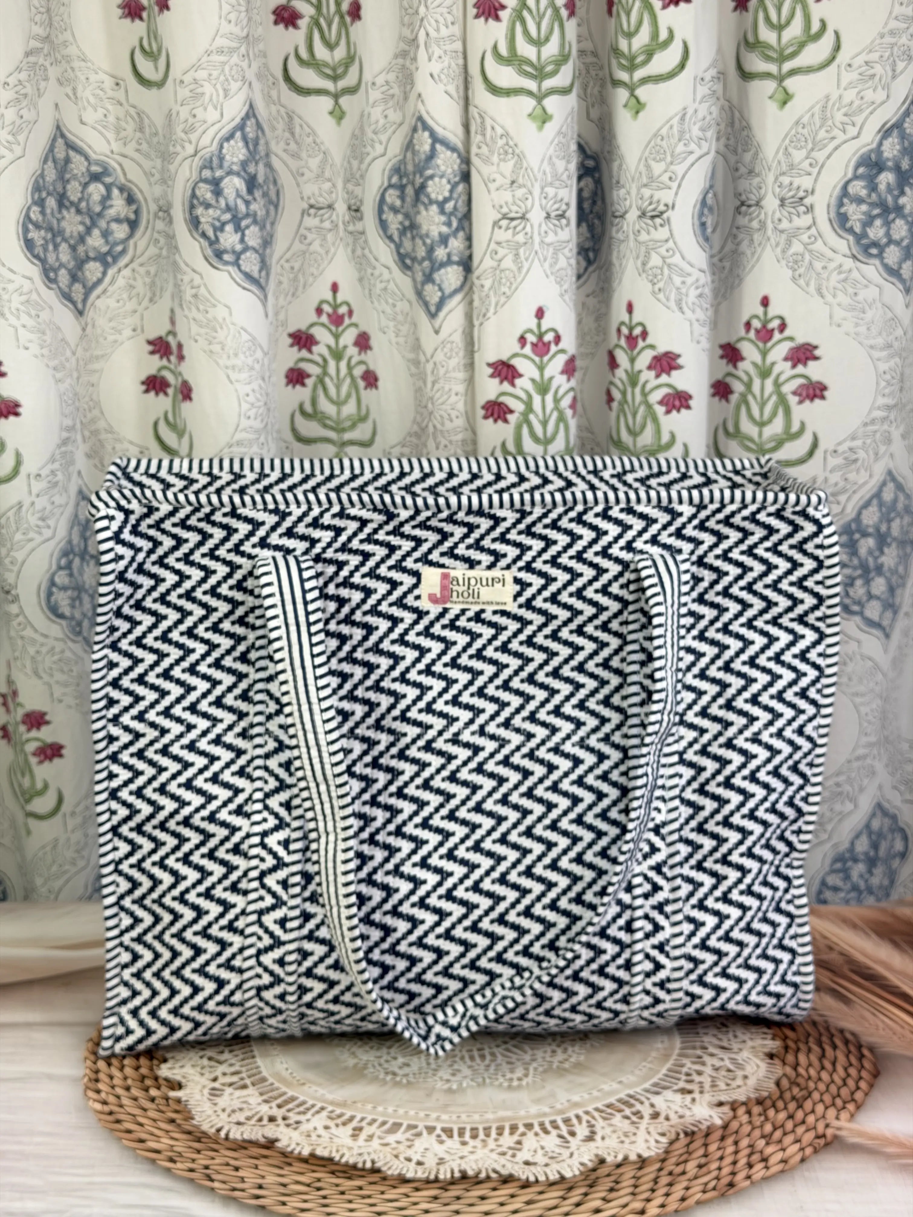 Jaipur Block Print Cotton Quilted Everyday Tote Bag - Black and White zigzag Geometric Print Side View
