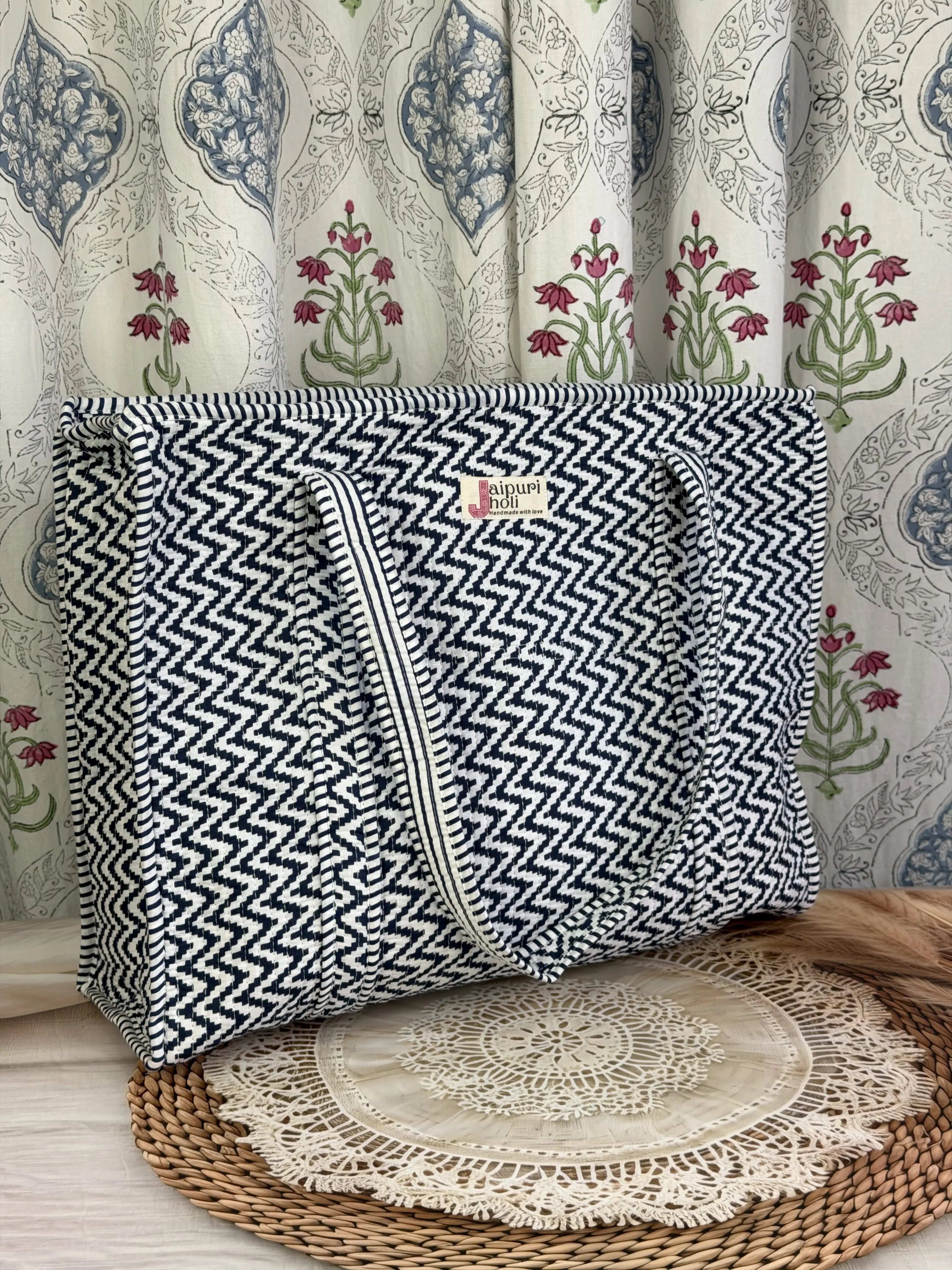 Jaipur Block Print Cotton Quilted Everyday Tote Bag - Black and White zigzag Geometric Print Side View