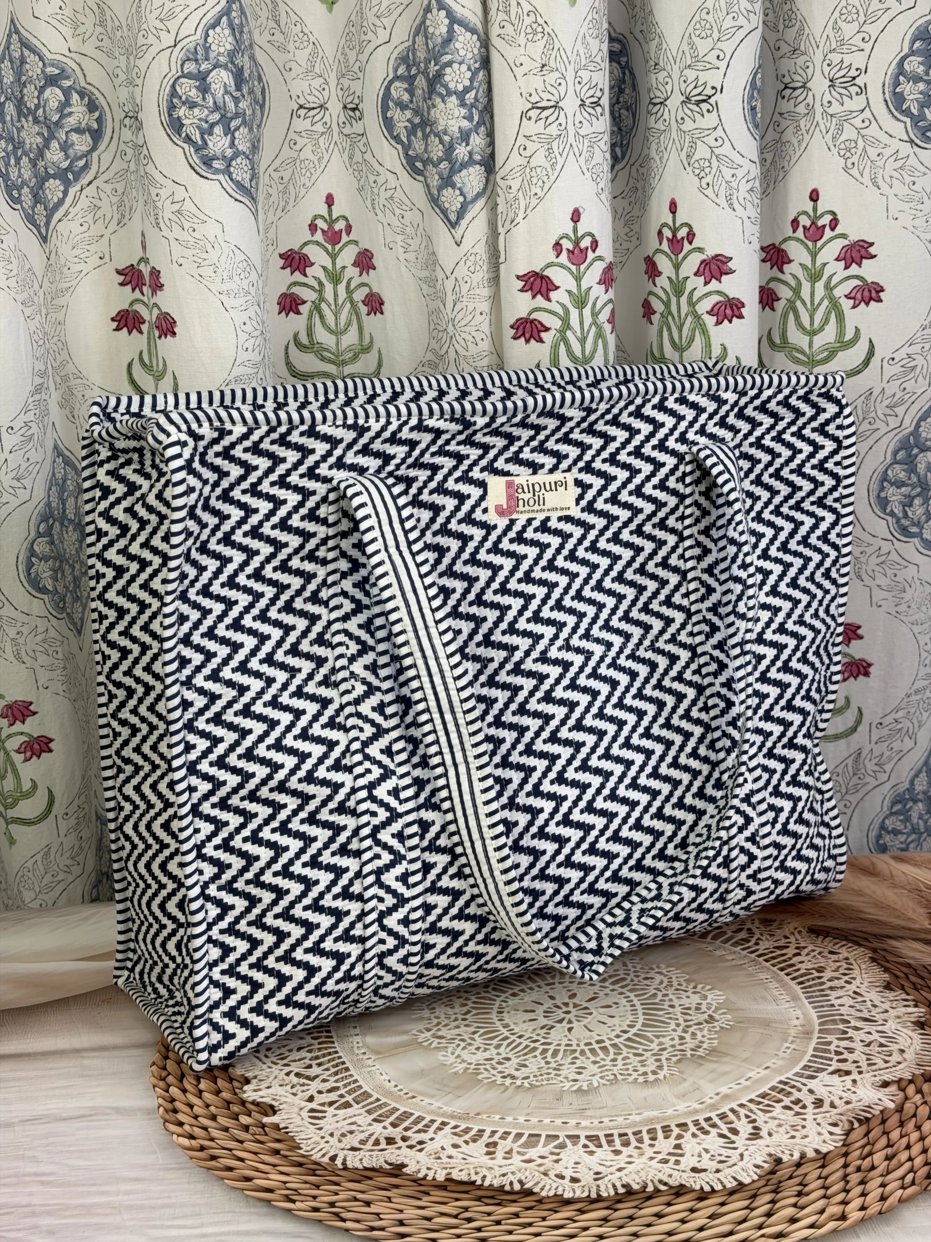 Jaipur Block Print Cotton Quilted Everyday Tote Bag - Black and White zigzag Geometric Print Interior View