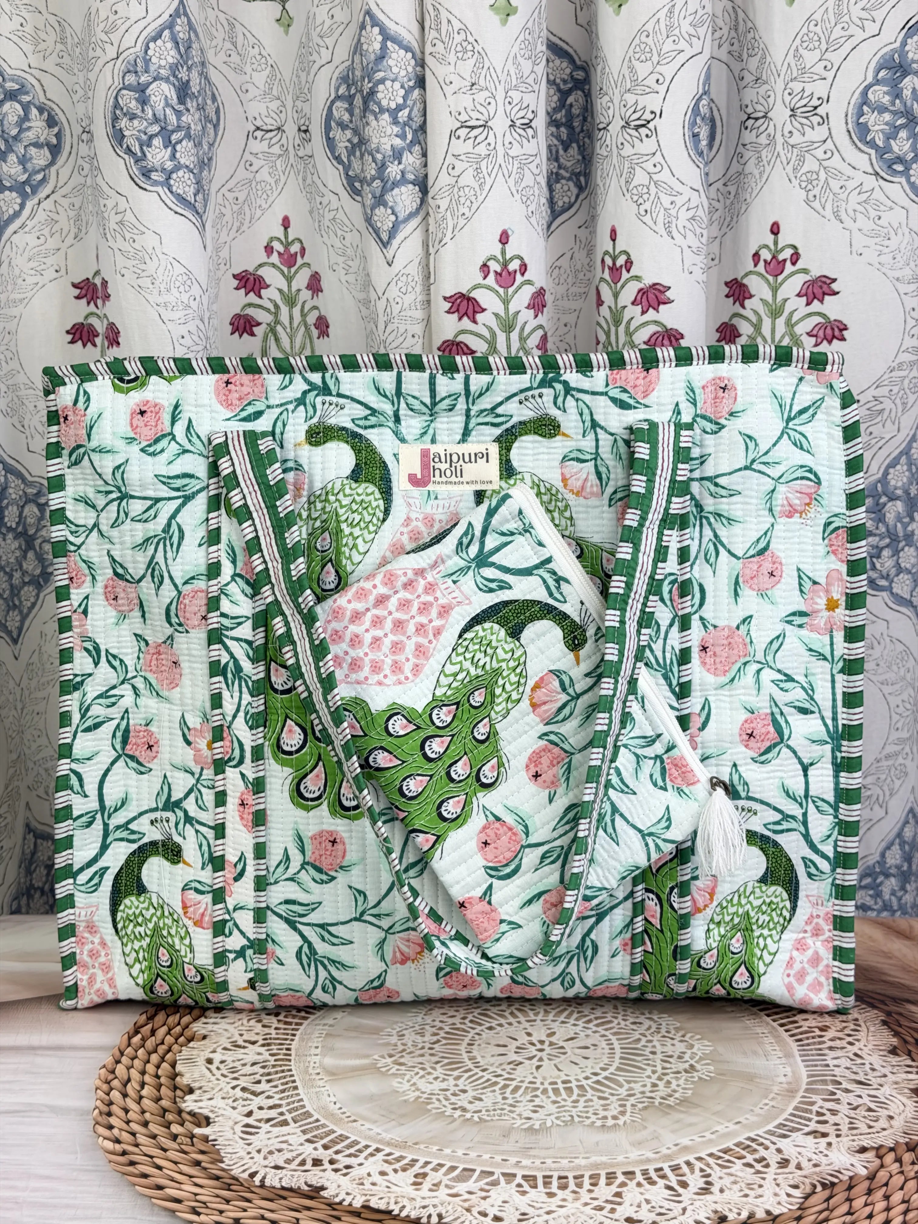 Jaipur Block Print Cotton Quilted Everyday Tote Bag - Green Pink Peacock Print Front View