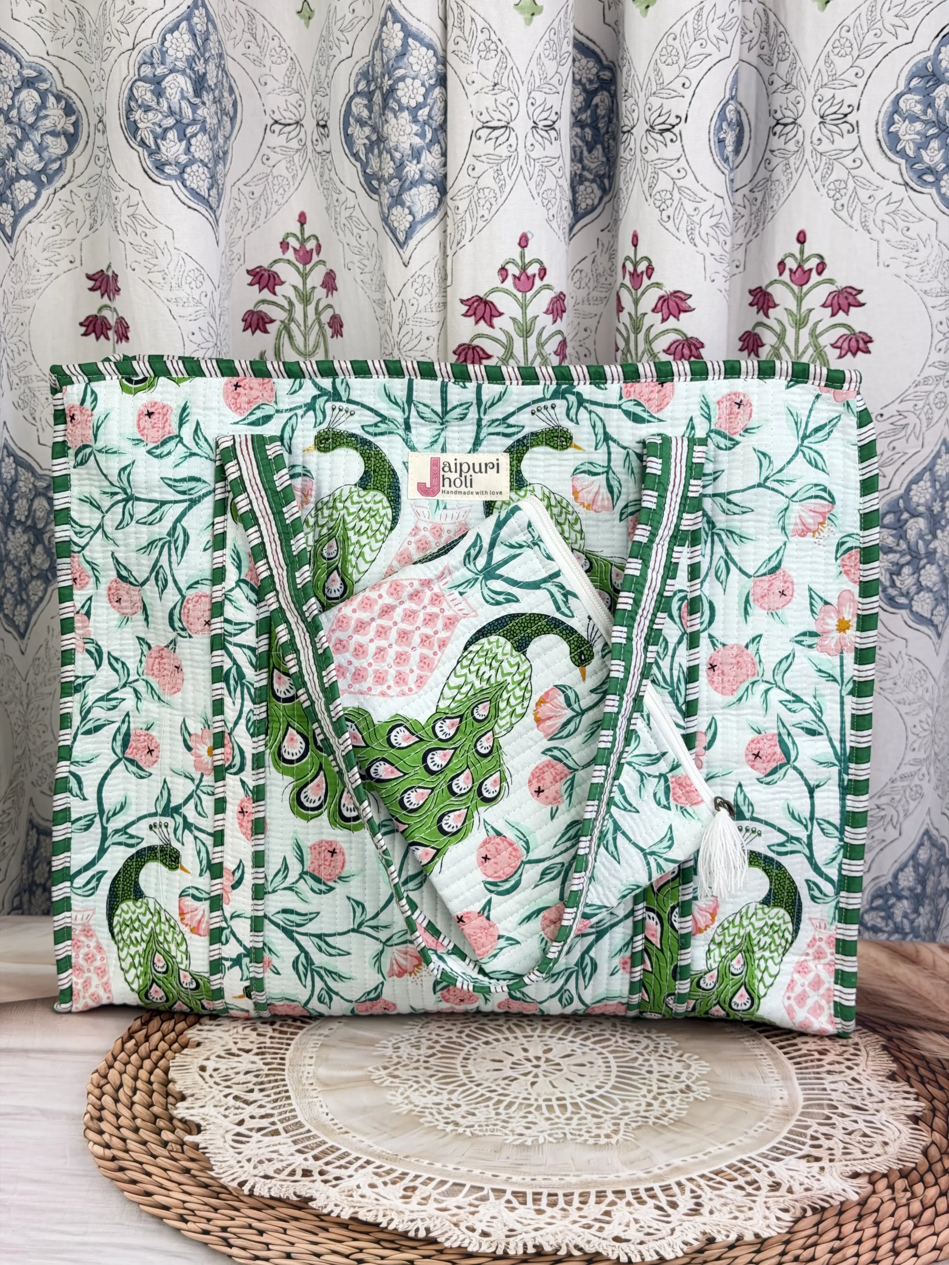 Jaipur Block Print Cotton Quilted Everyday Tote Bag - Green Pink Peacock Print Side View
