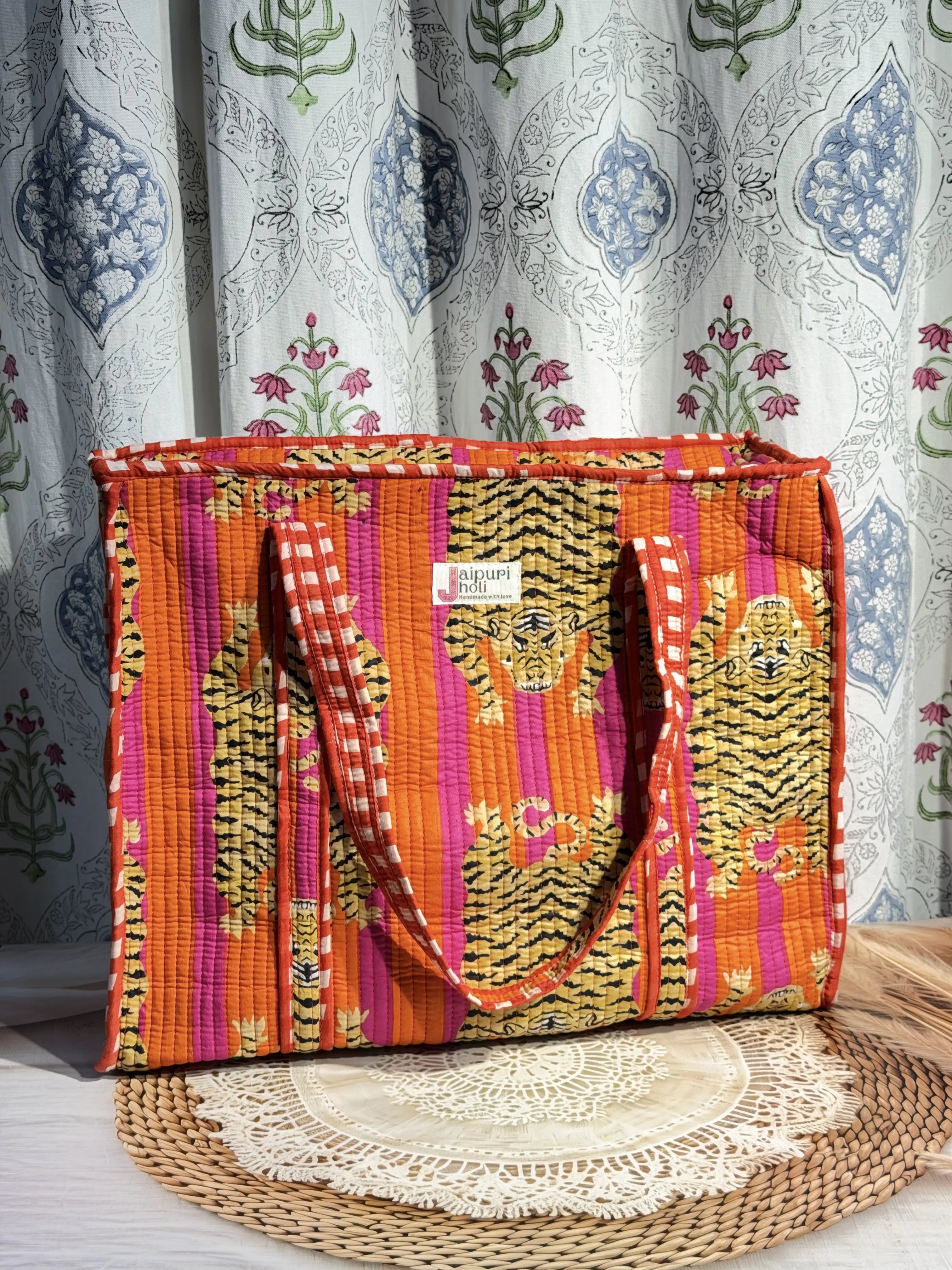 Jaipur Block Print Cotton Quilted Everyday Tote Bag - Orange Pink Tiger Print Front View