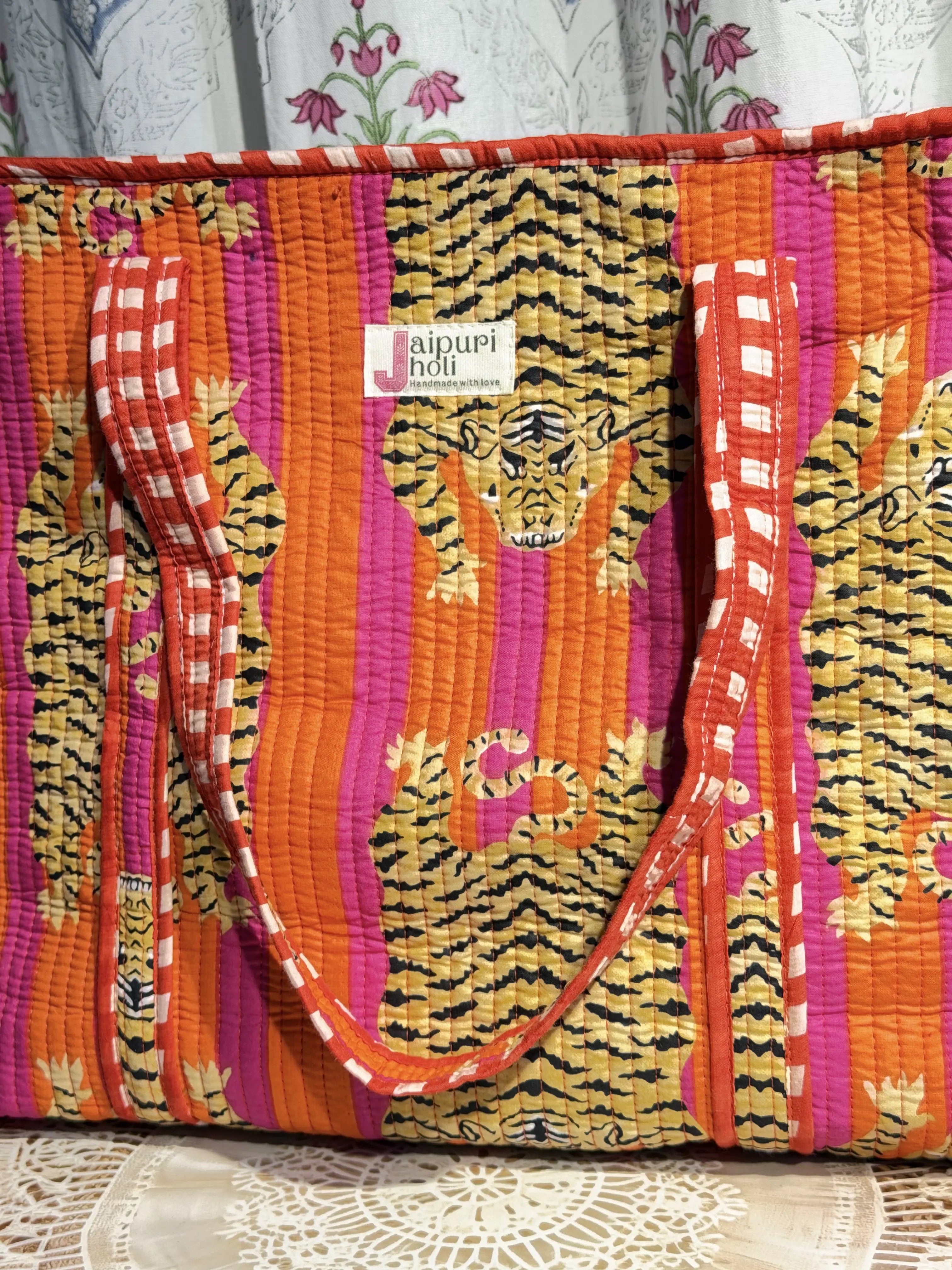 Jaipur Block Print Cotton Quilted Everyday Tote Bag - Orange Pink Tiger Print Close-Up View

