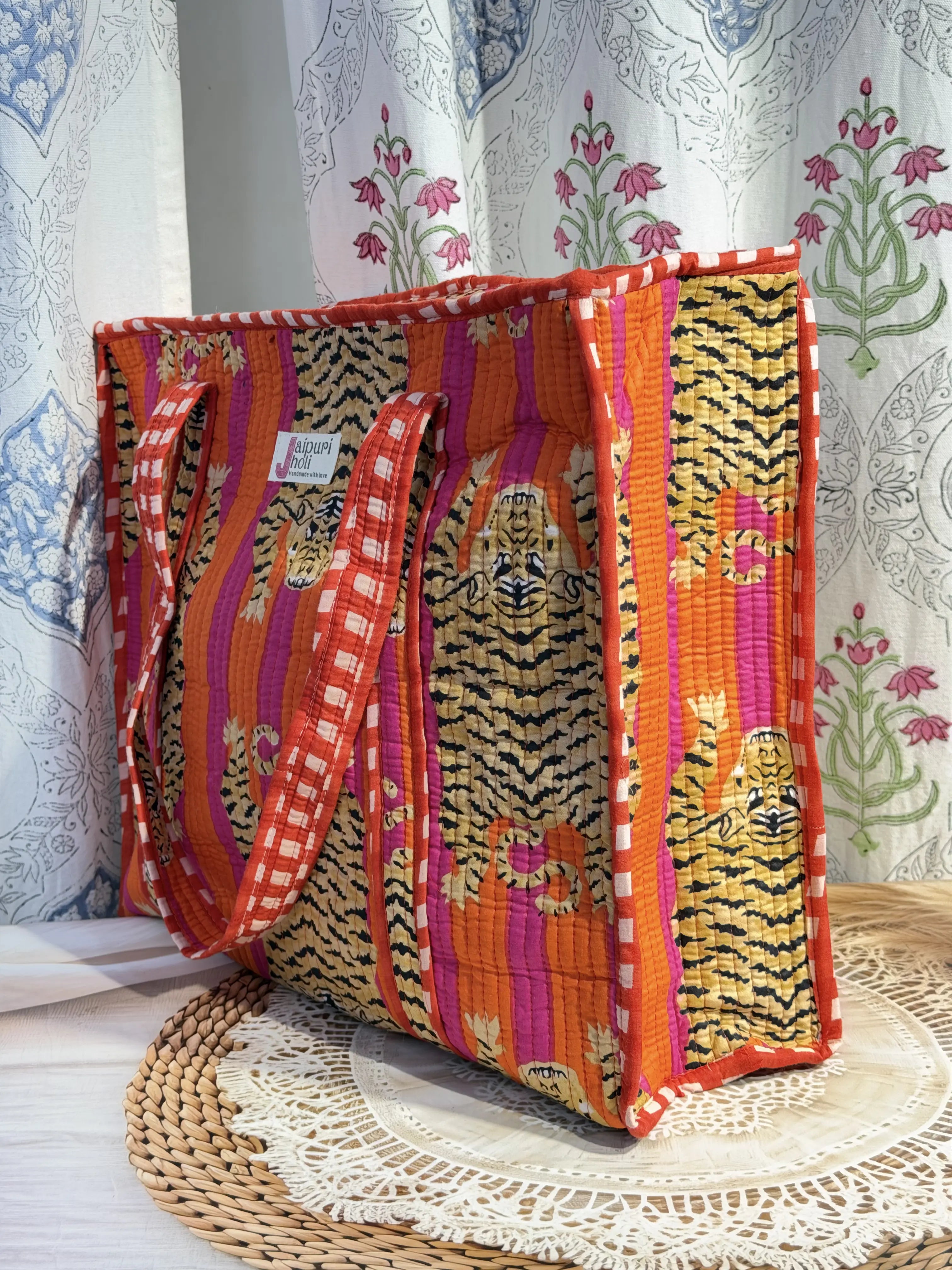 Jaipur Block Print Cotton Quilted Everyday Tote Bag - Orange Pink Tiger Print Side View