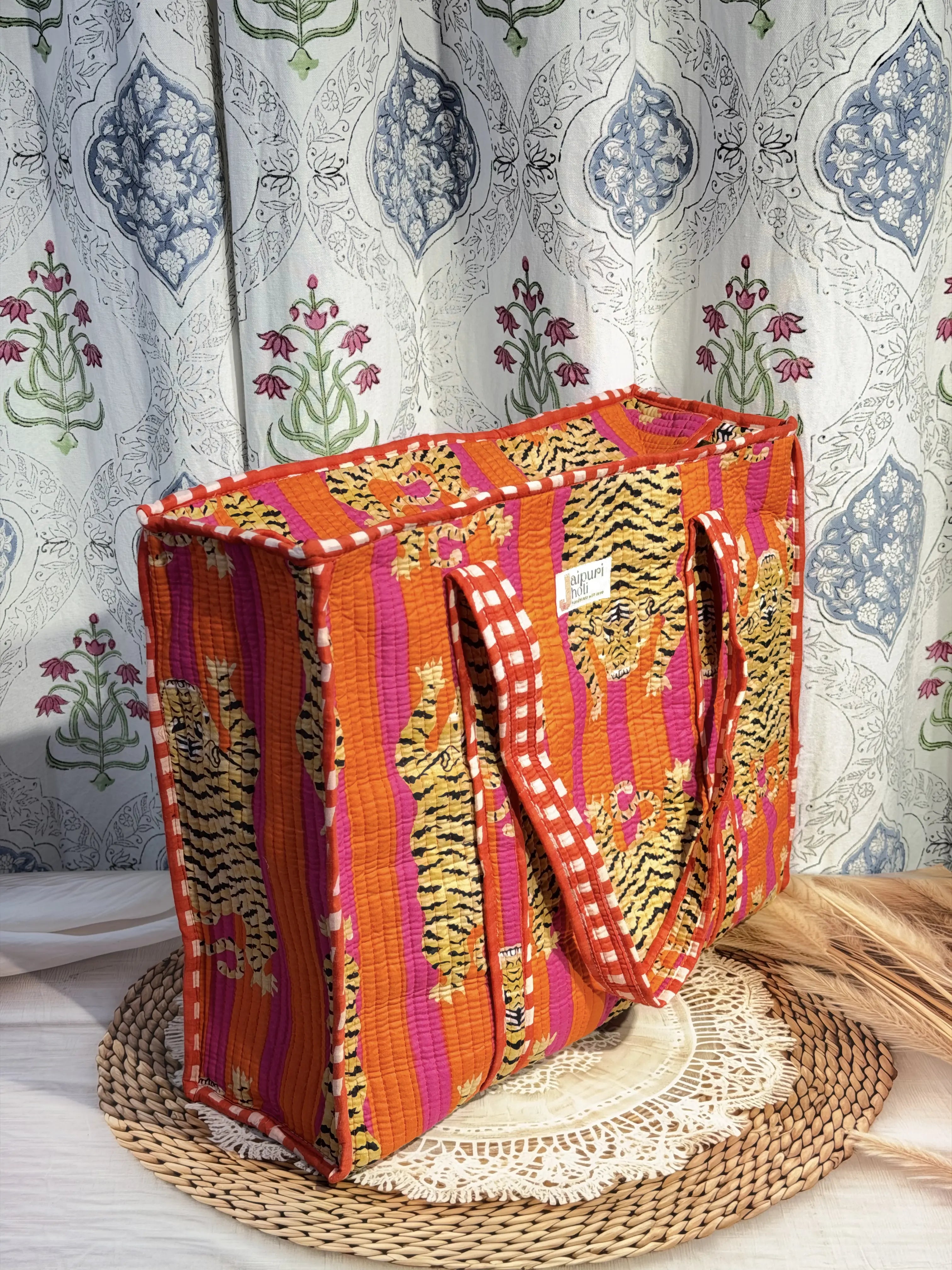 Jaipur Block Print Cotton Quilted Everyday Tote Bag - Orange Pink Tiger Print Interior View