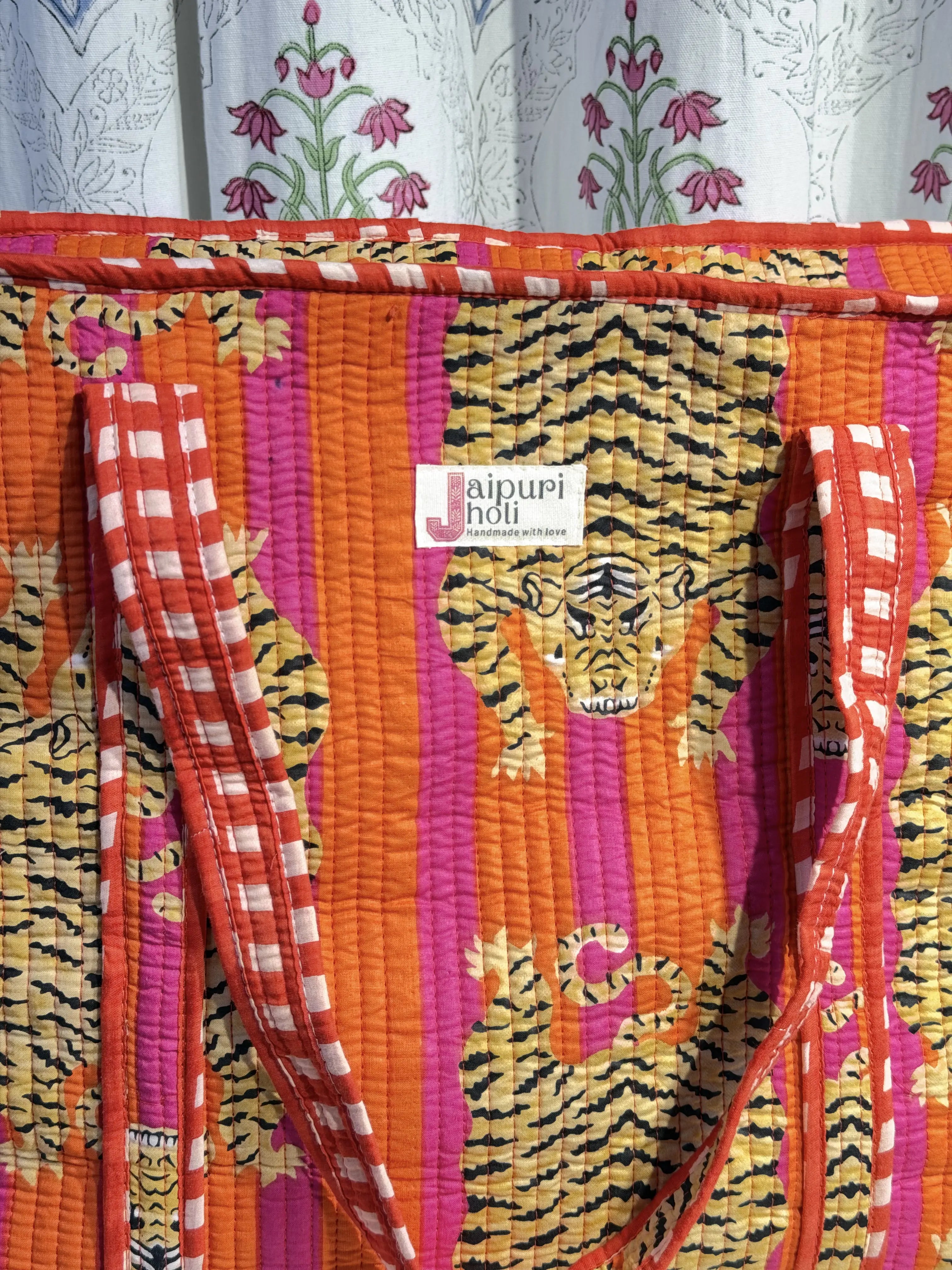 Jaipur Block Print Cotton Quilted Everyday Tote Bag - Orange Pink Tiger Print Close-Up View