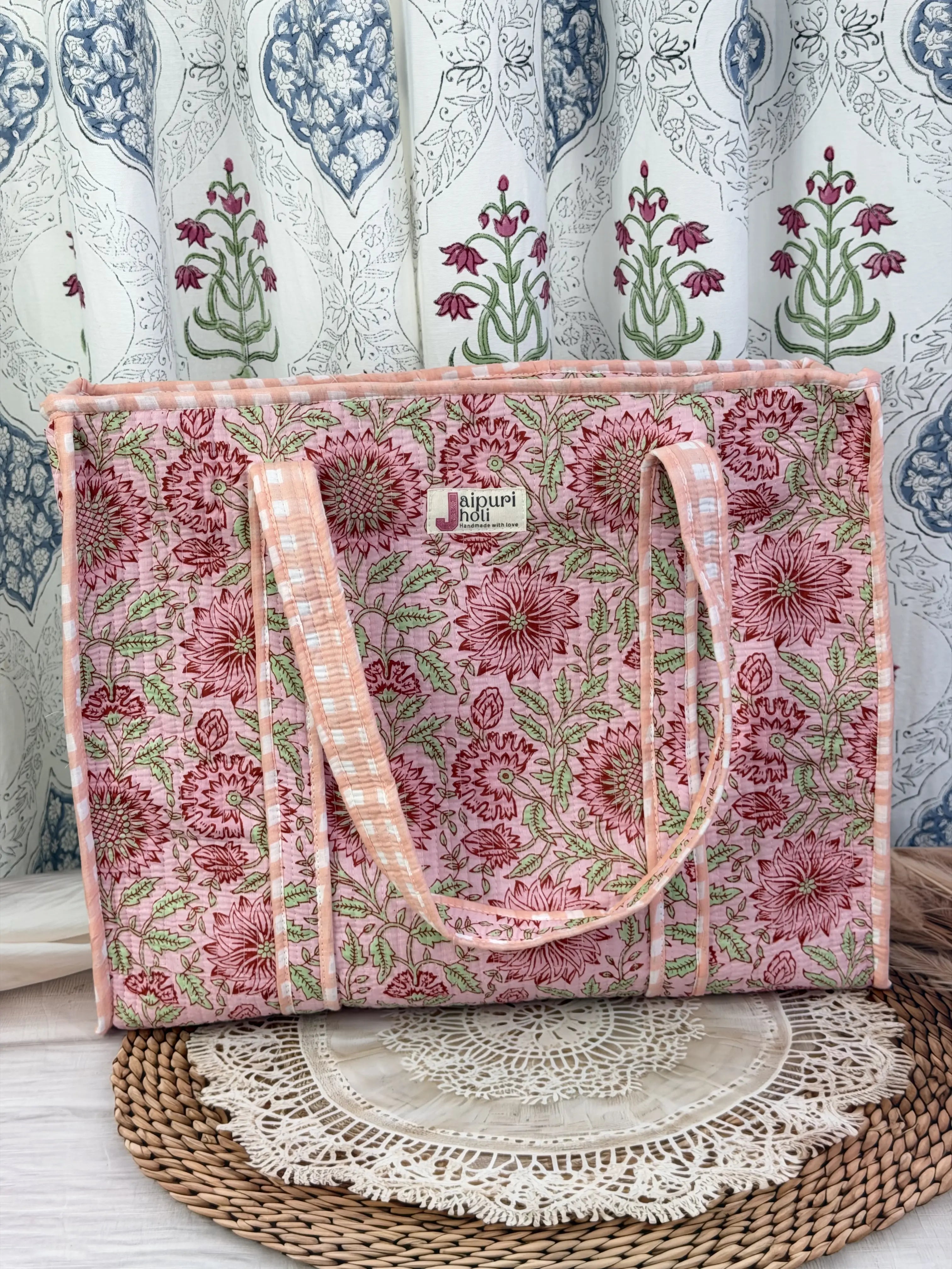 Jaipur Block Print Cotton Quilted Everyday Tote Bag - Peach Pink Floral Print Front View