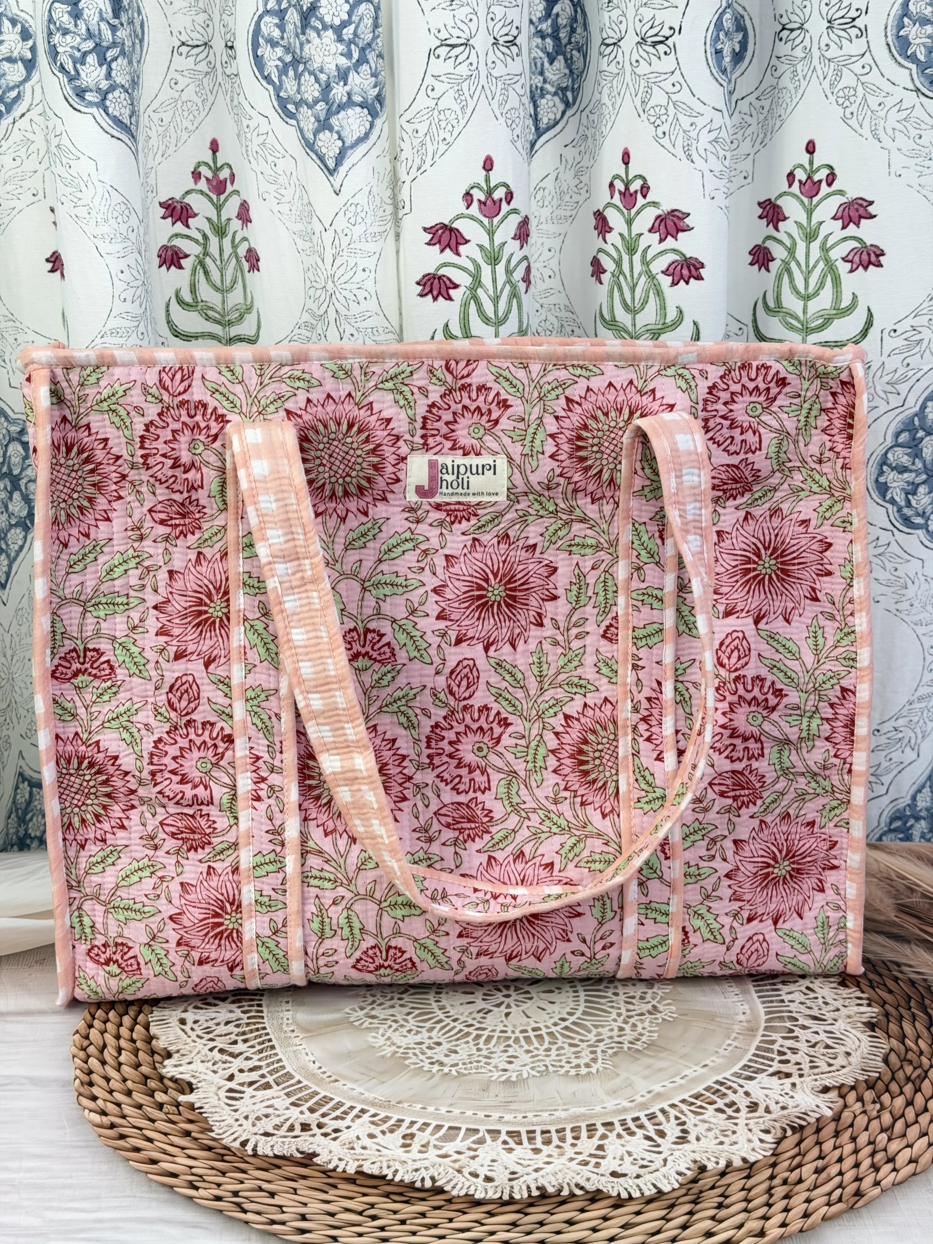 Jaipur Block Print Cotton Quilted Everyday Tote Bag - Peach Pink Floral Print Side View