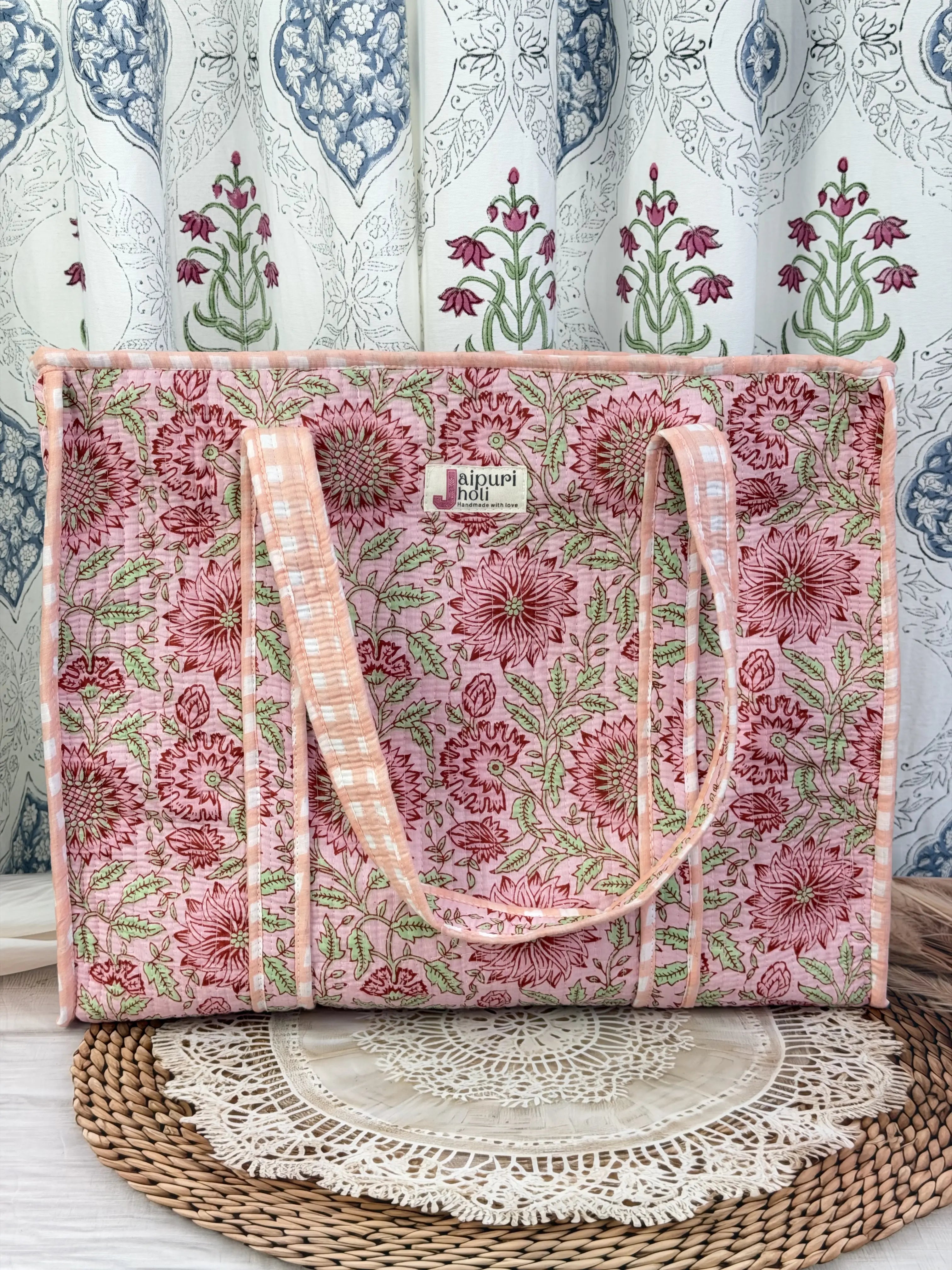 Jaipur Block Print Cotton Quilted Everyday Tote Bag - Peach Pink Floral Print Back View