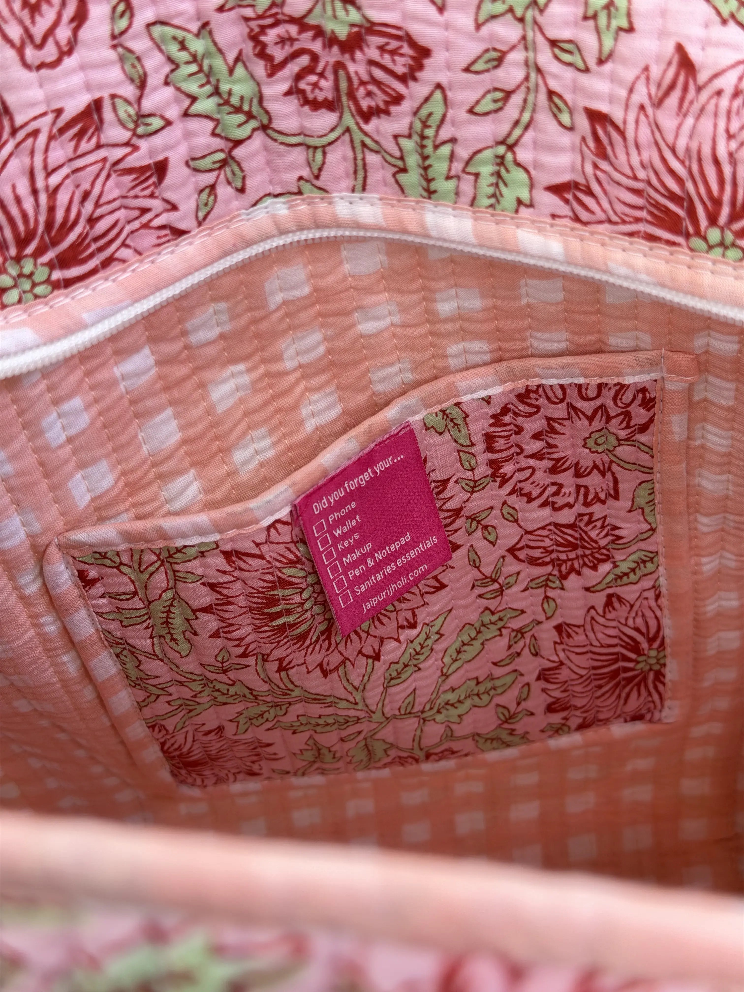 Jaipur Block Print Cotton Quilted Everyday Tote Bag - Peach Pink Floral Print Interior View