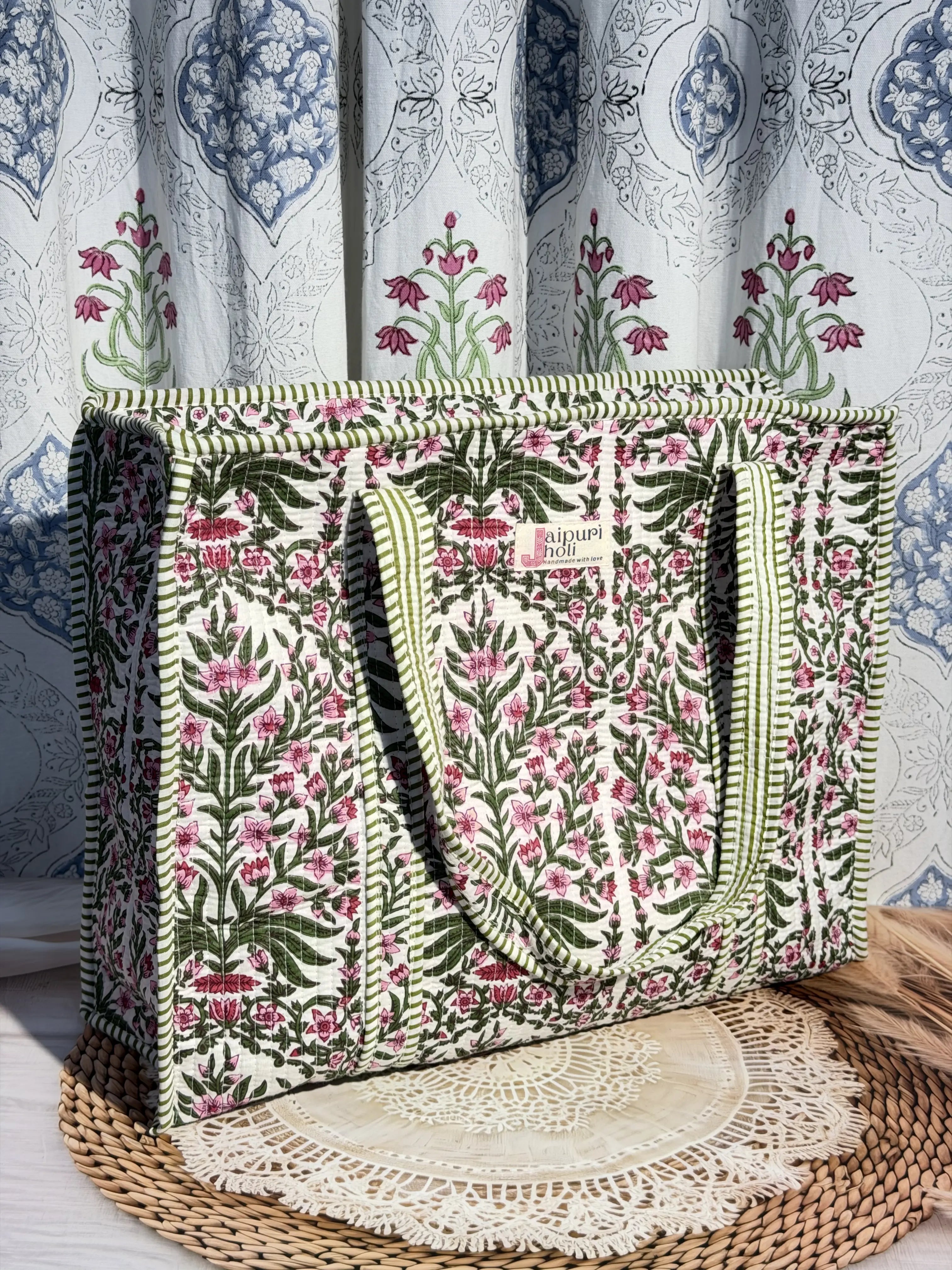 Jaipur Block Print Cotton Quilted Everyday Tote Bag - Pink Floral Green Leaves Print Front View