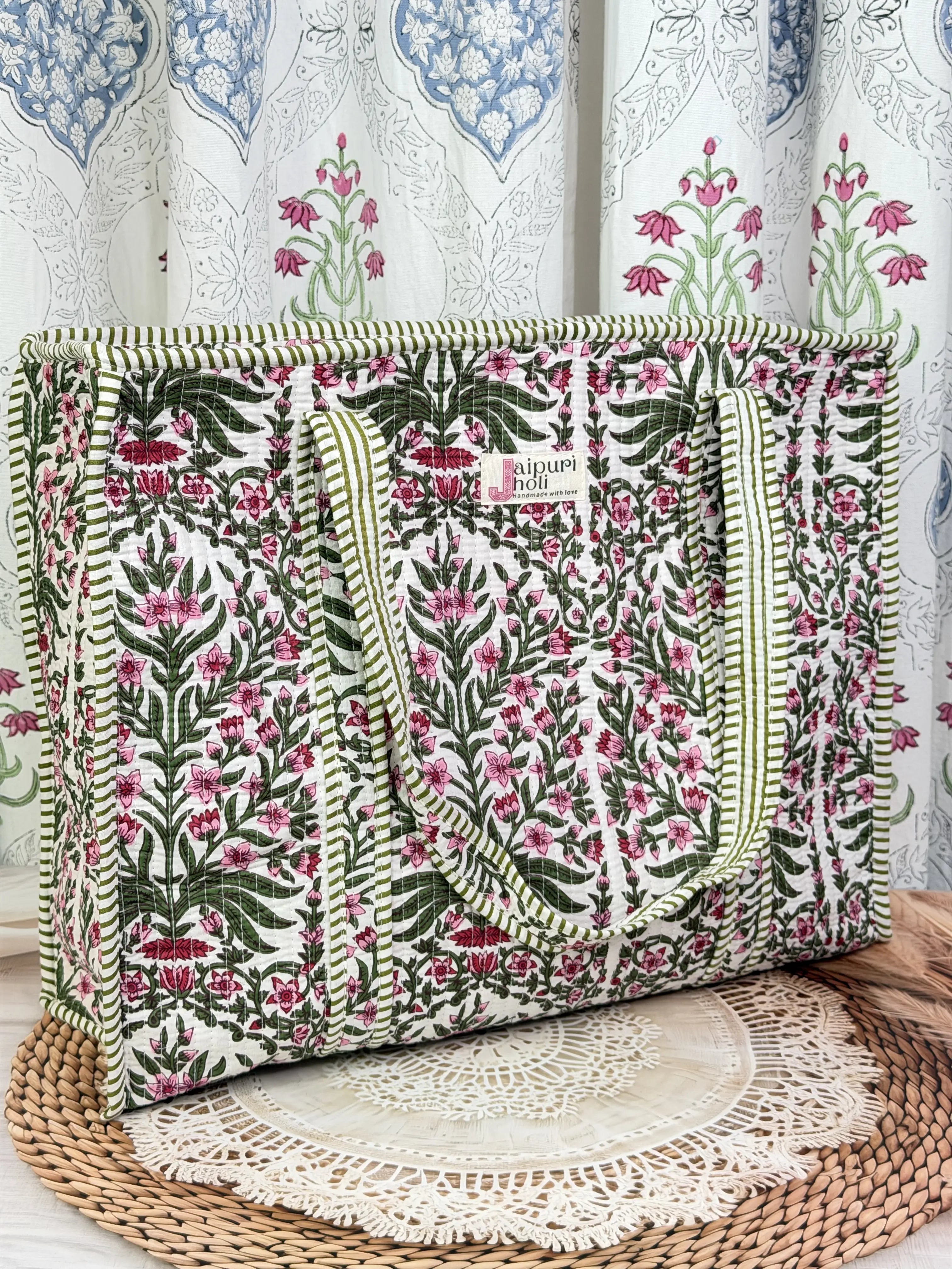 Jaipur Block Print Cotton Quilted Everyday Tote Bag - Pink Floral Green Leaves Print Front View