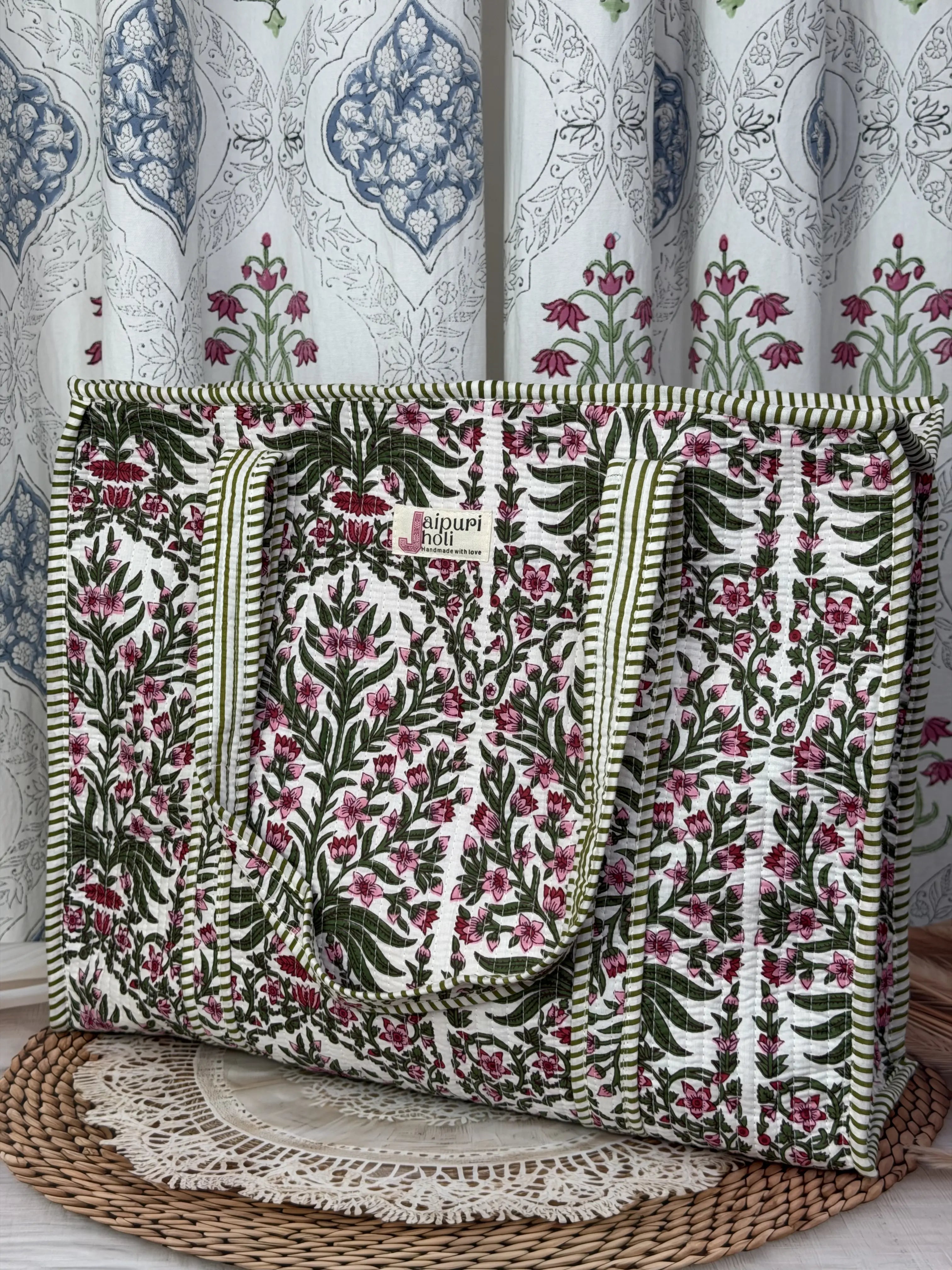 Jaipur Block Print Cotton Quilted Everyday Tote Bag - Pink Floral Green Leaves Print Back View