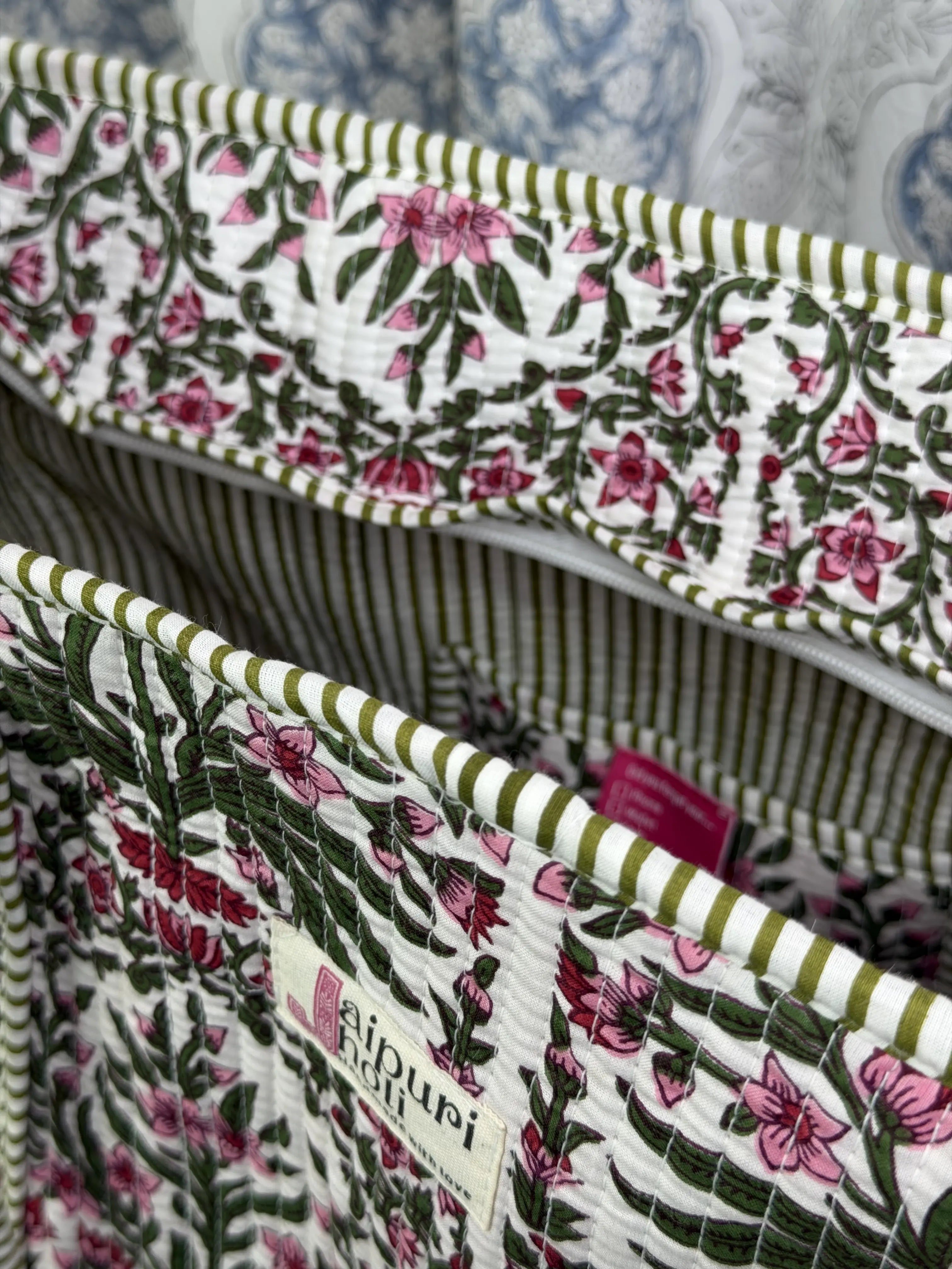 Jaipur Block Print Cotton Quilted Everyday Tote Bag - Pink Floral Green Leaves Print Close-Up View