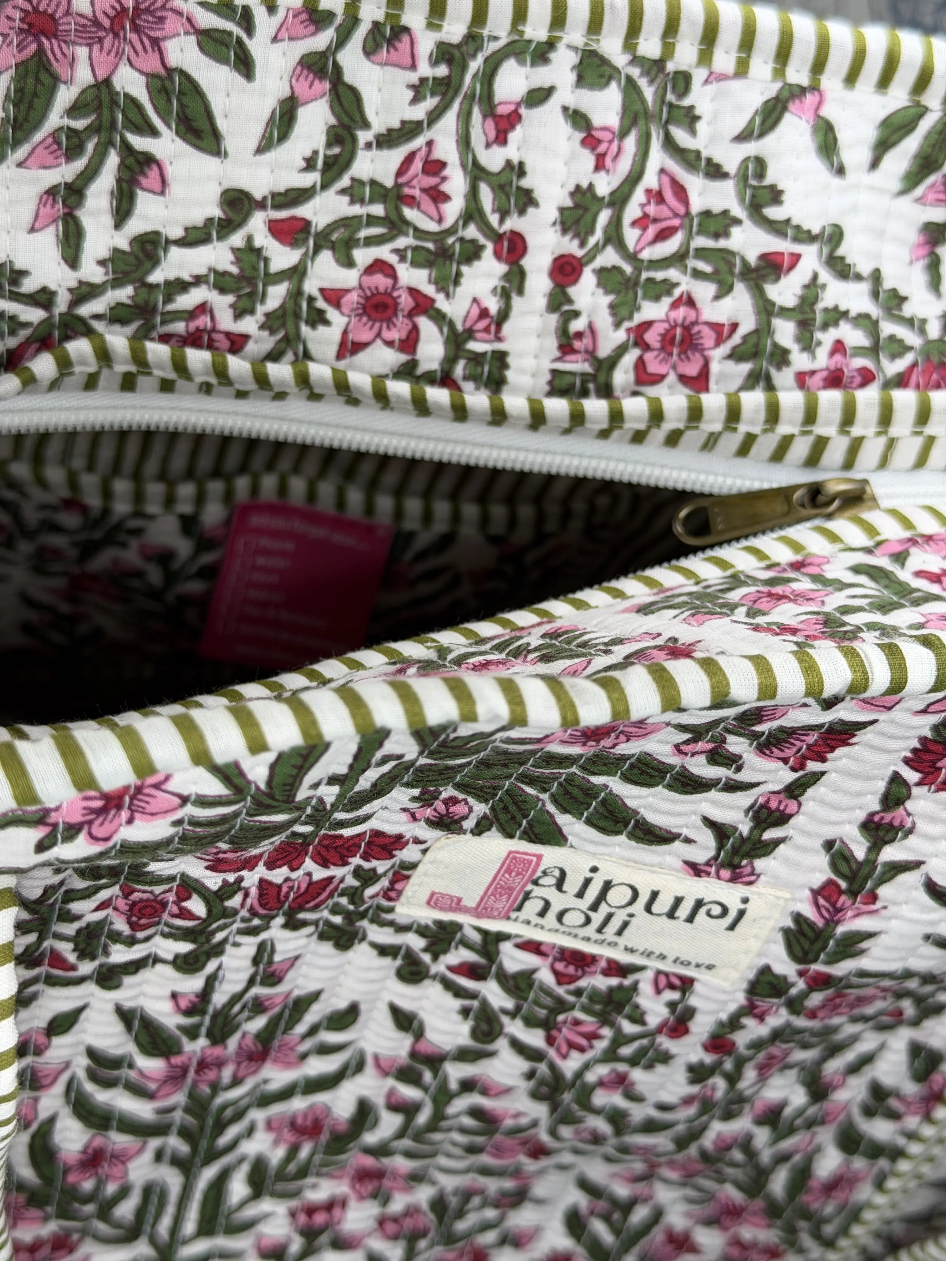 Jaipur Block Print Cotton Quilted Large Zip Tote Bags - Pink Floral Green Leaves