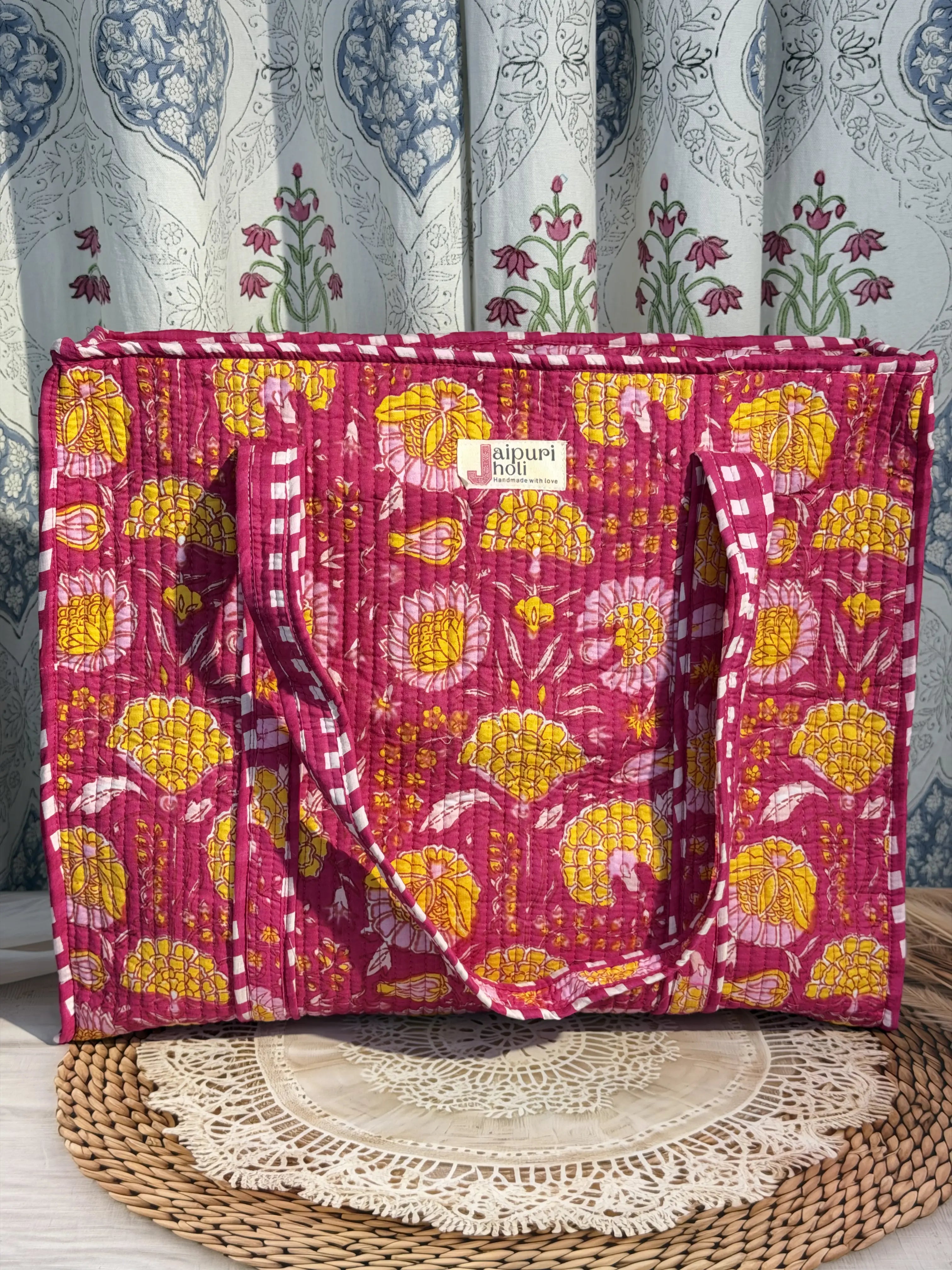 Jaipur Block Print Cotton Quilted Everyday Tote Bag - Pink Floral Print Front View