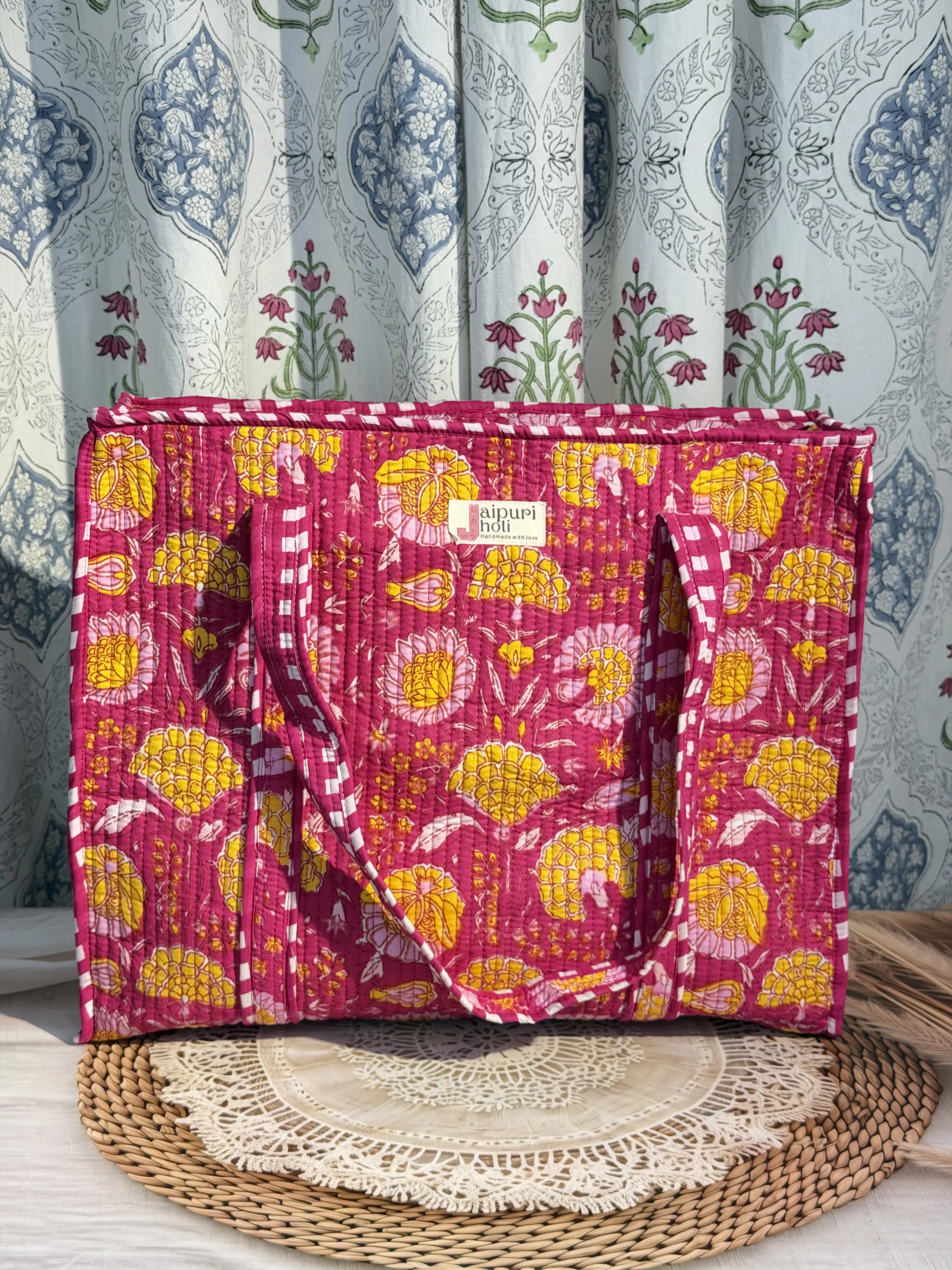Jaipur Block Print Cotton Quilted Everyday Tote Bag - Pink Floral Print Front View