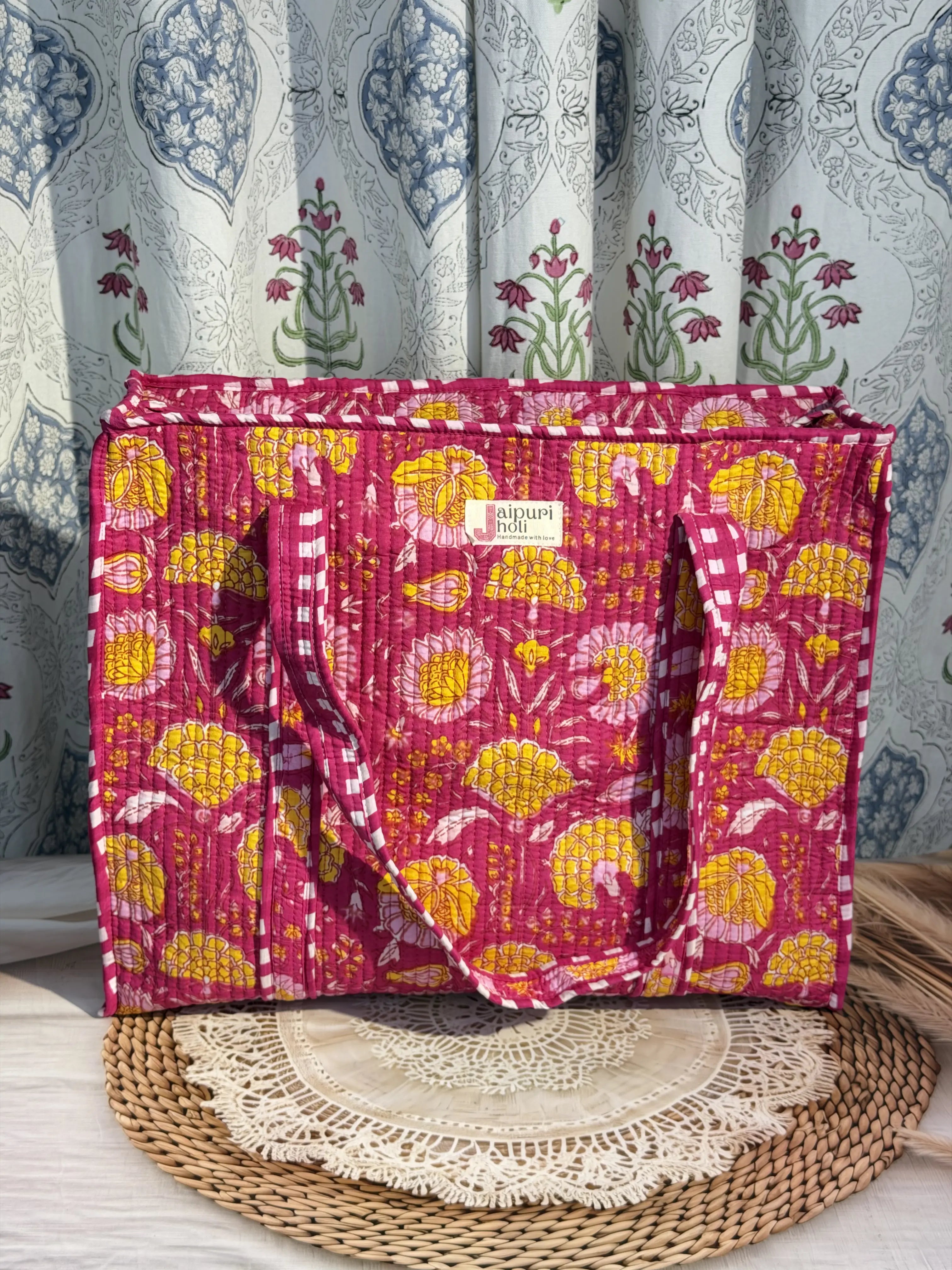 Jaipur Block Print Cotton Quilted Everyday Tote Bag - Pink Floral Print Side View