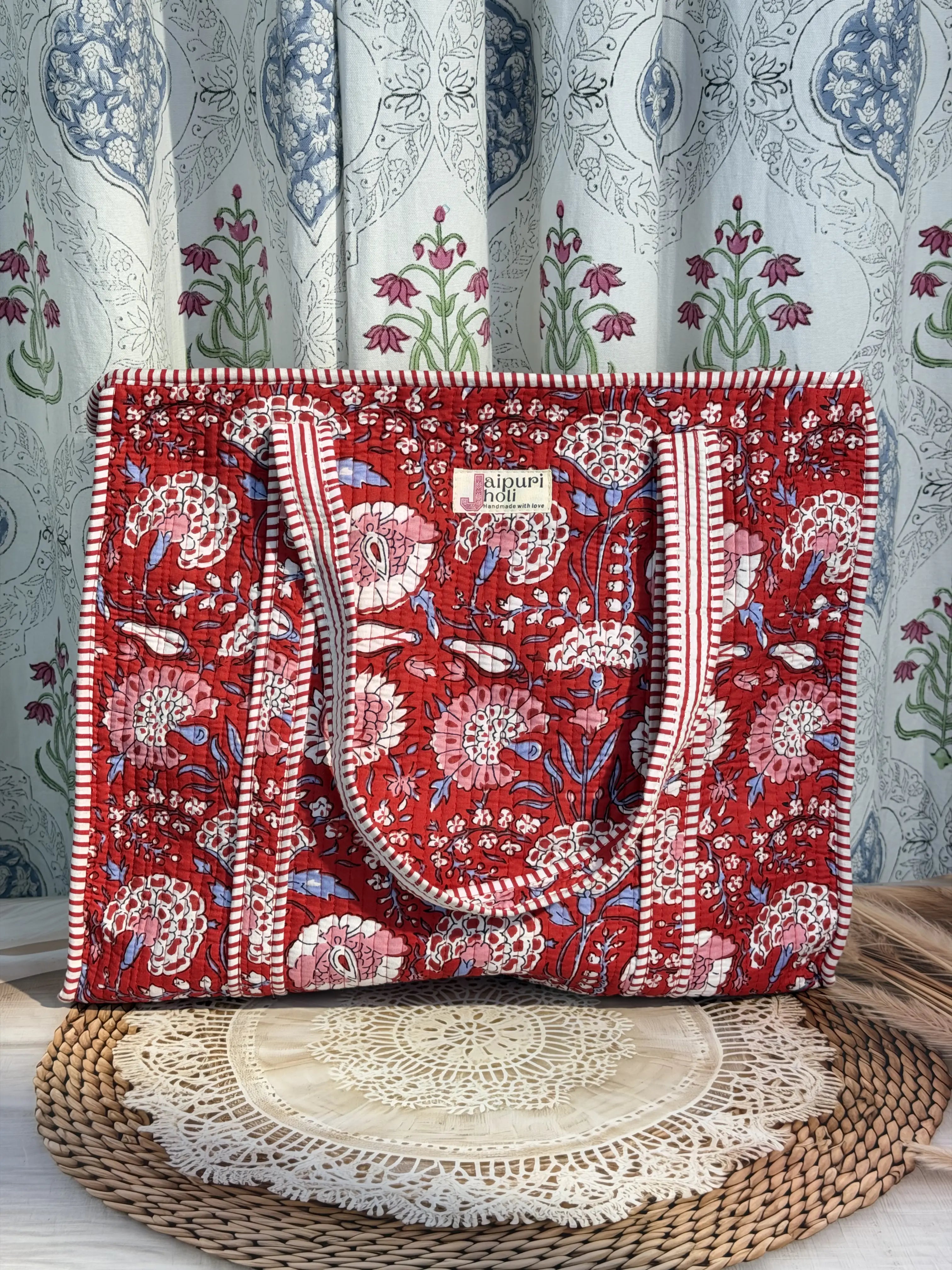Jaipur Block Print Cotton Quilted Everyday Tote Bag - Red Floral Print Front View