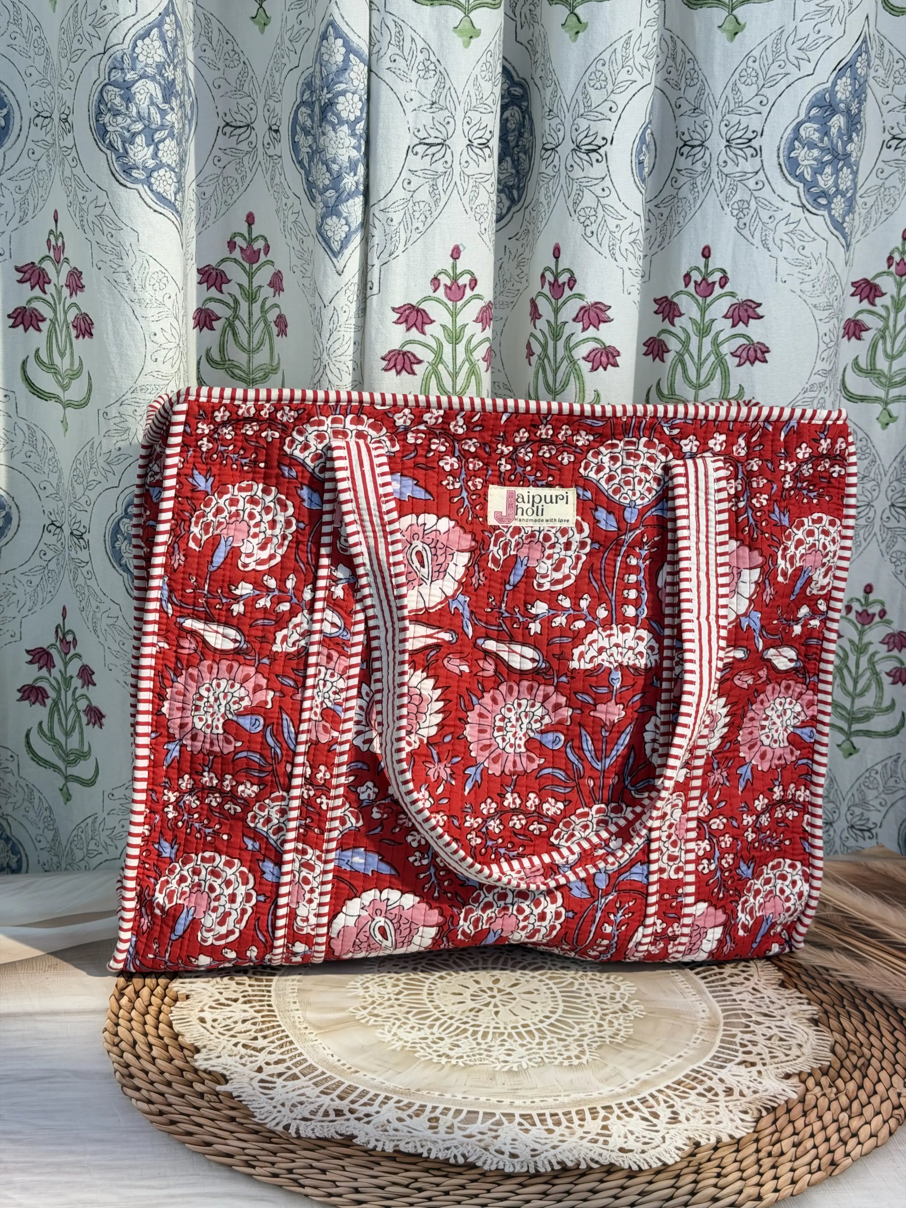 Jaipur Block Print Cotton Quilted Everyday Tote Bag - Red Floral Print Front View