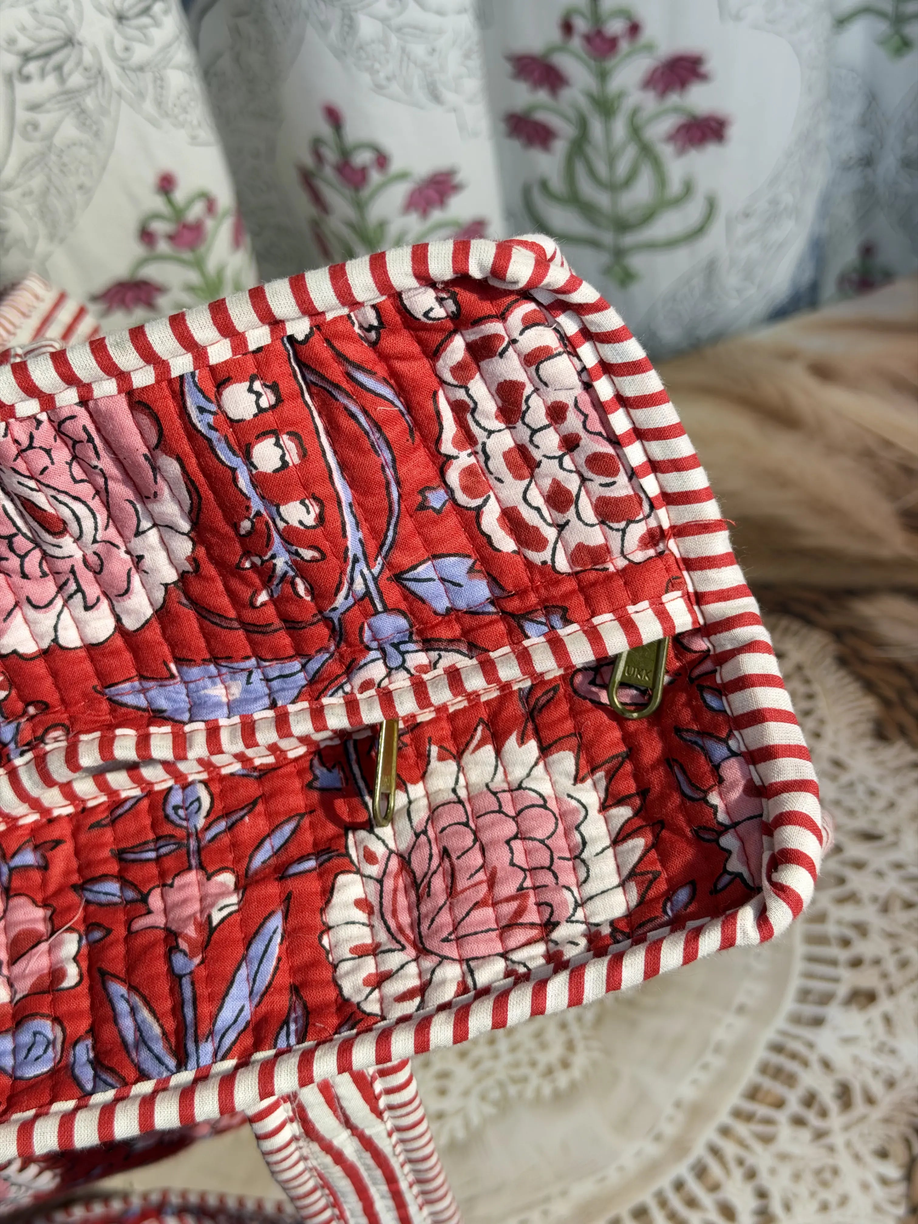Jaipur Block Print Cotton Quilted Everyday Tote Bag - Red Floral Print Close-Up View
