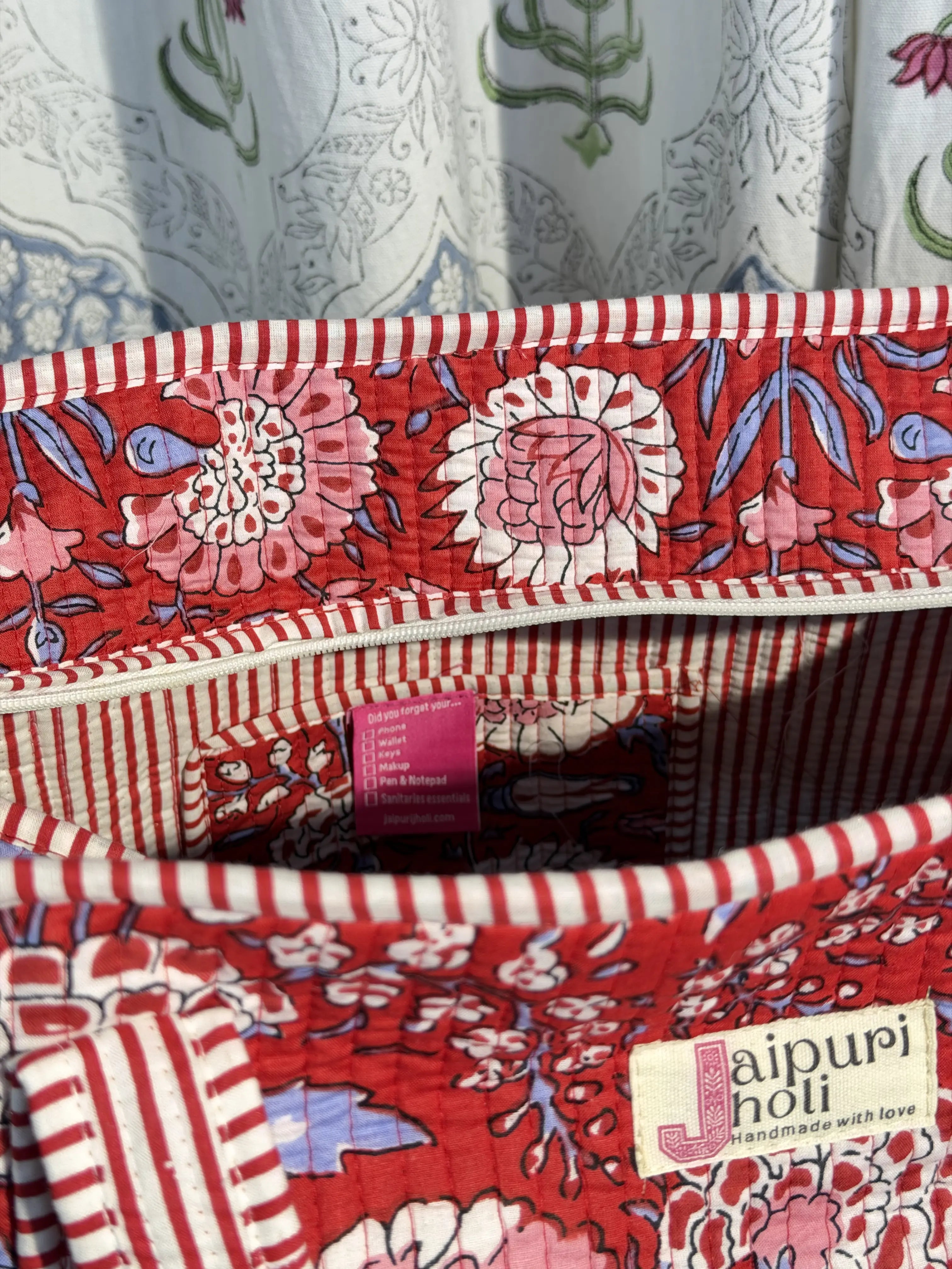 Jaipur Block Print Cotton Quilted Everyday Tote Bag - Red Floral Print Interior View