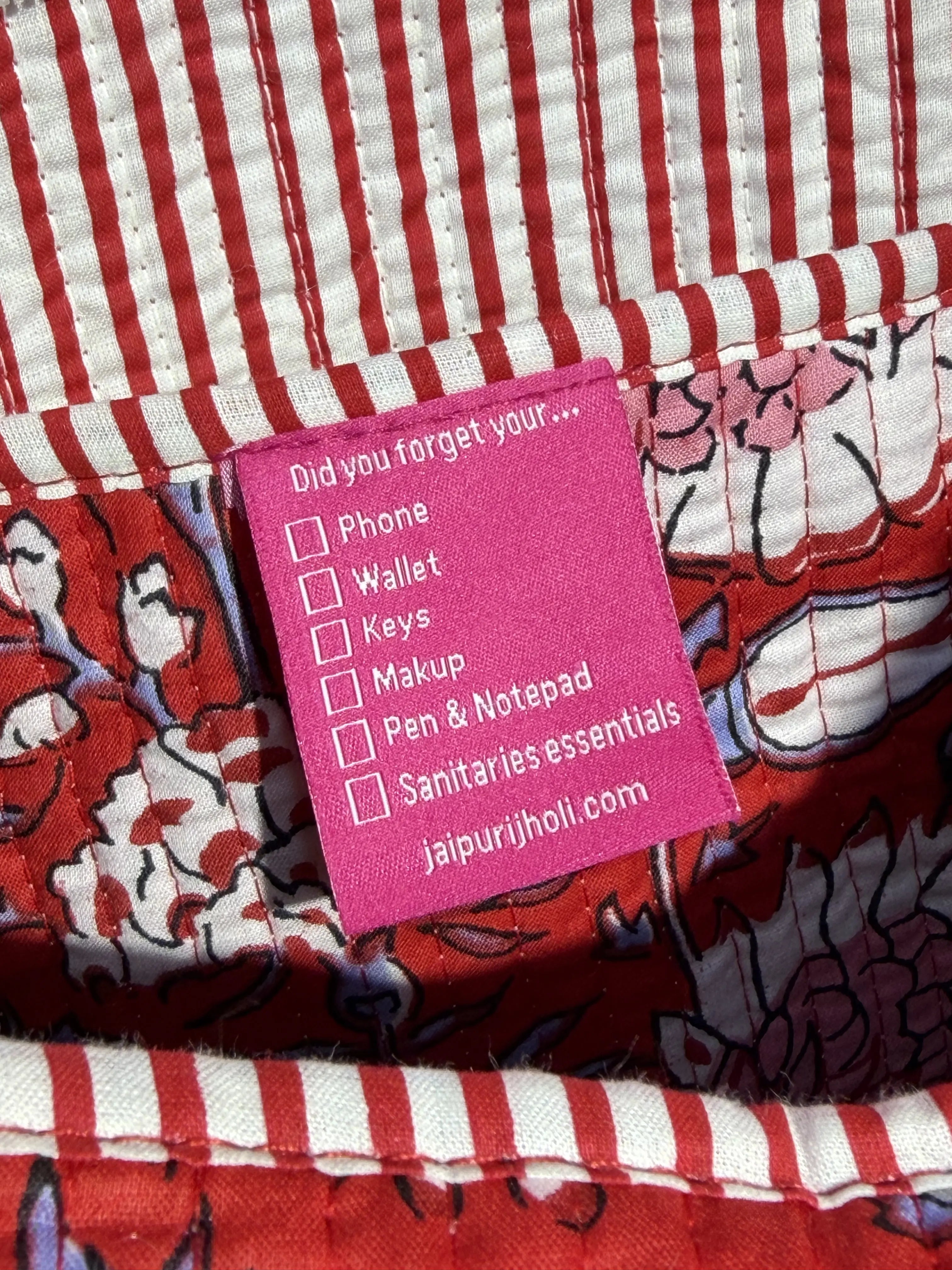 Jaipur Block Print Cotton Quilted Everyday Tote Bag - Red Floral Print Interior View