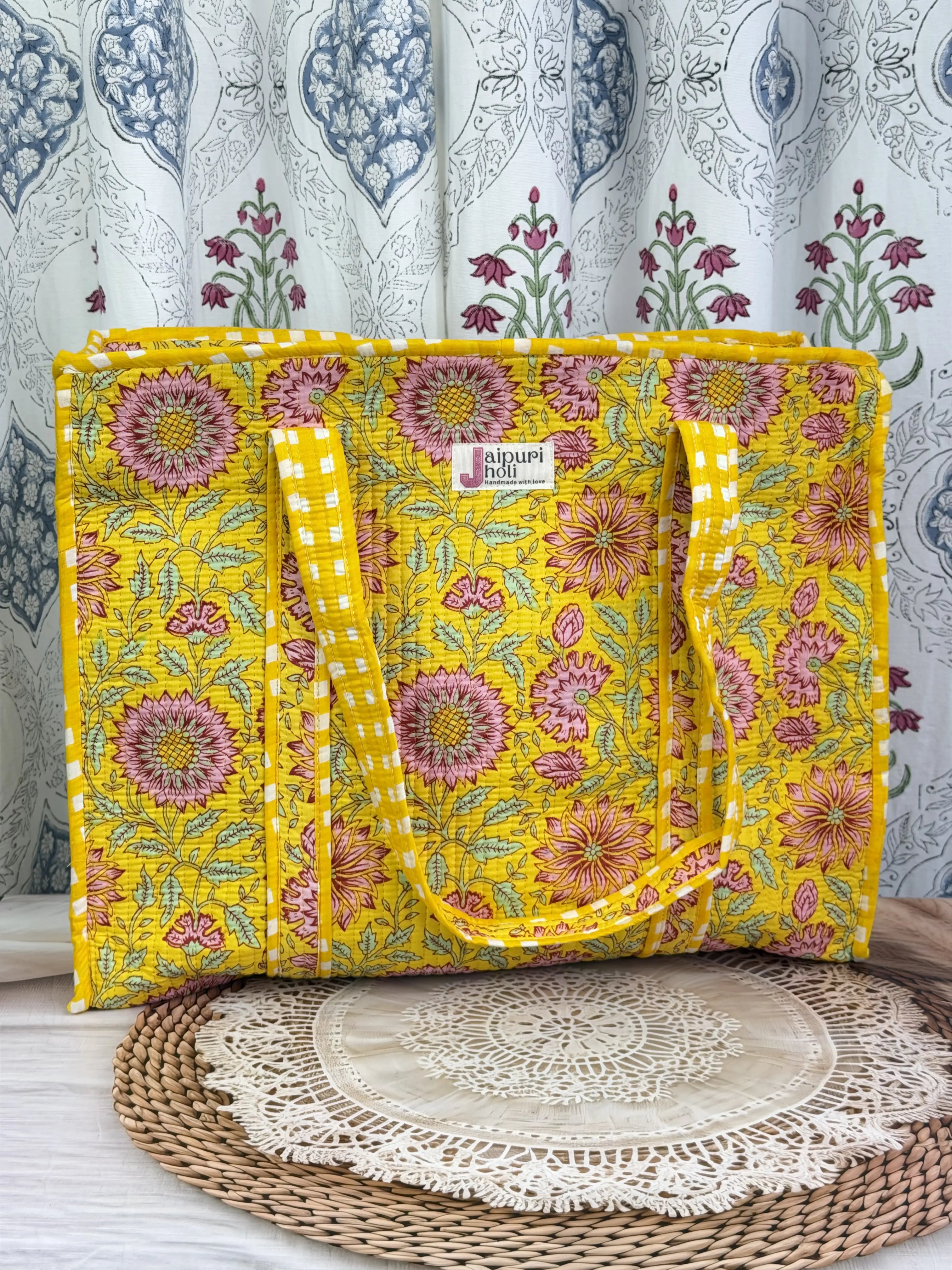 Jaipur Block Print Cotton Quilted Everyday Tote Bag - Yellow Floral Print Front View