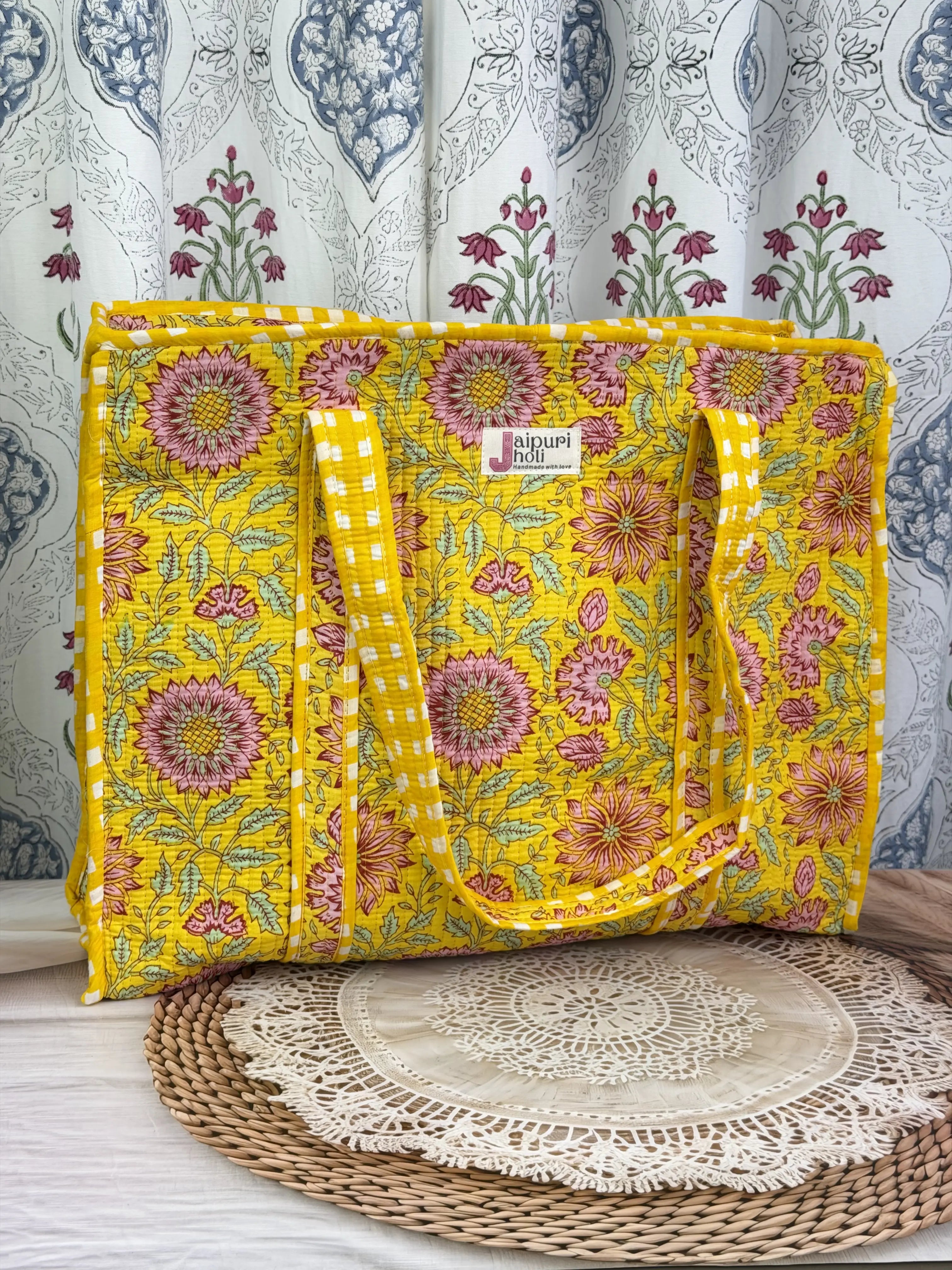 Jaipur Block Print Cotton Quilted Everyday Tote Bag - Yellow Floral Print Front View