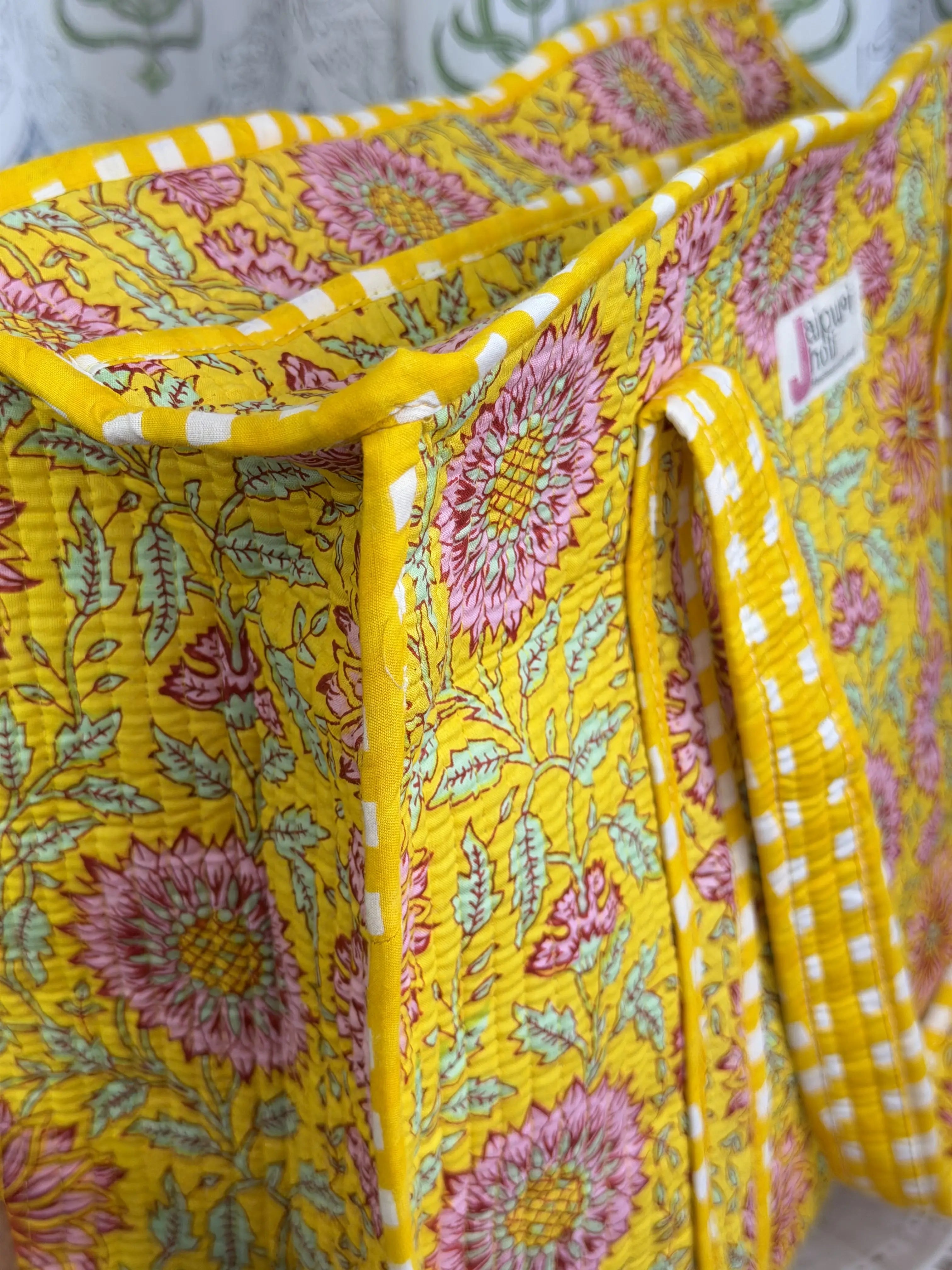 Jaipur Block Print Cotton Quilted Everyday Tote Bag - Yellow Floral Print Close-Up View