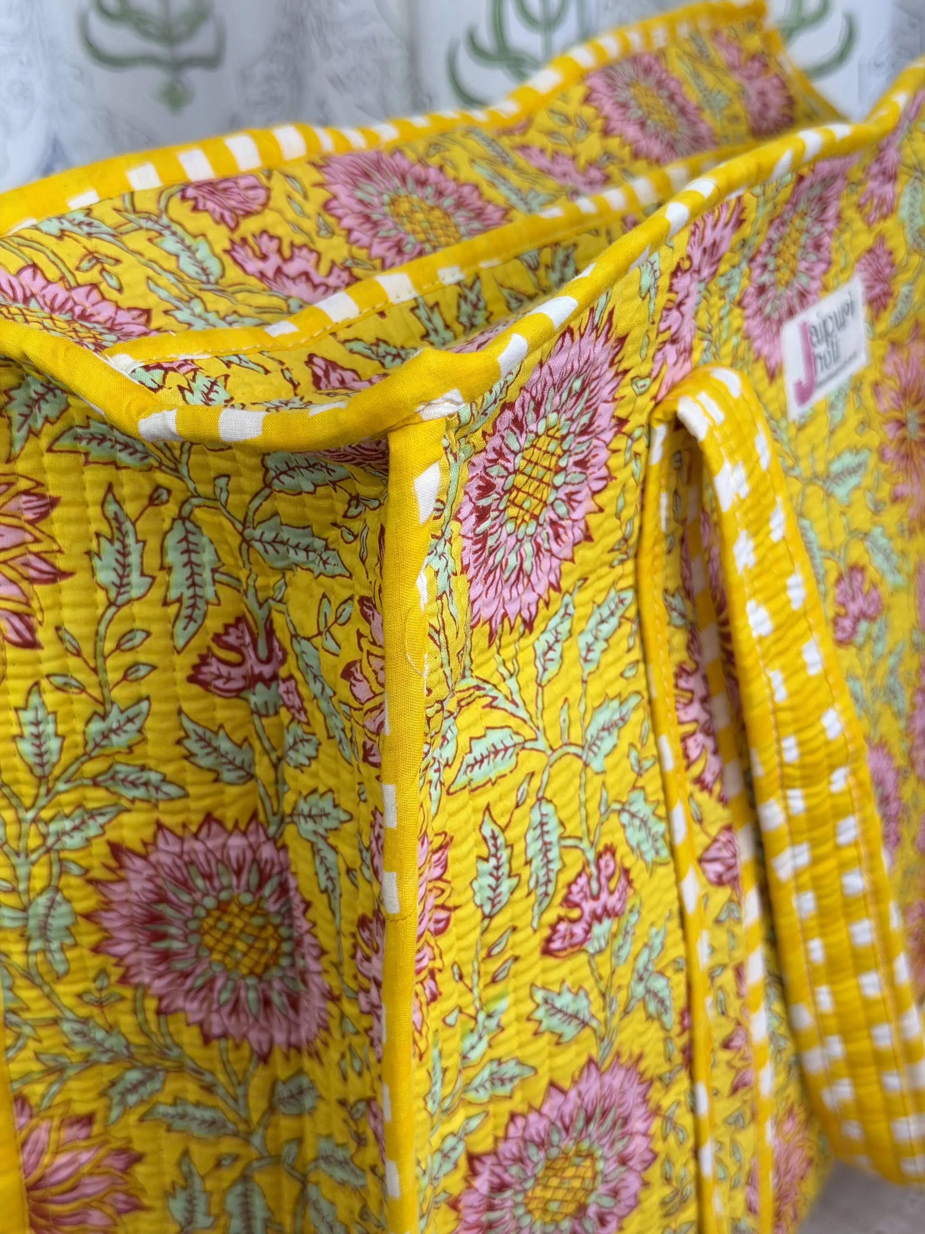 Jaipur Block Print Cotton Quilted Everyday Tote Bag - Yellow Floral Print Back View