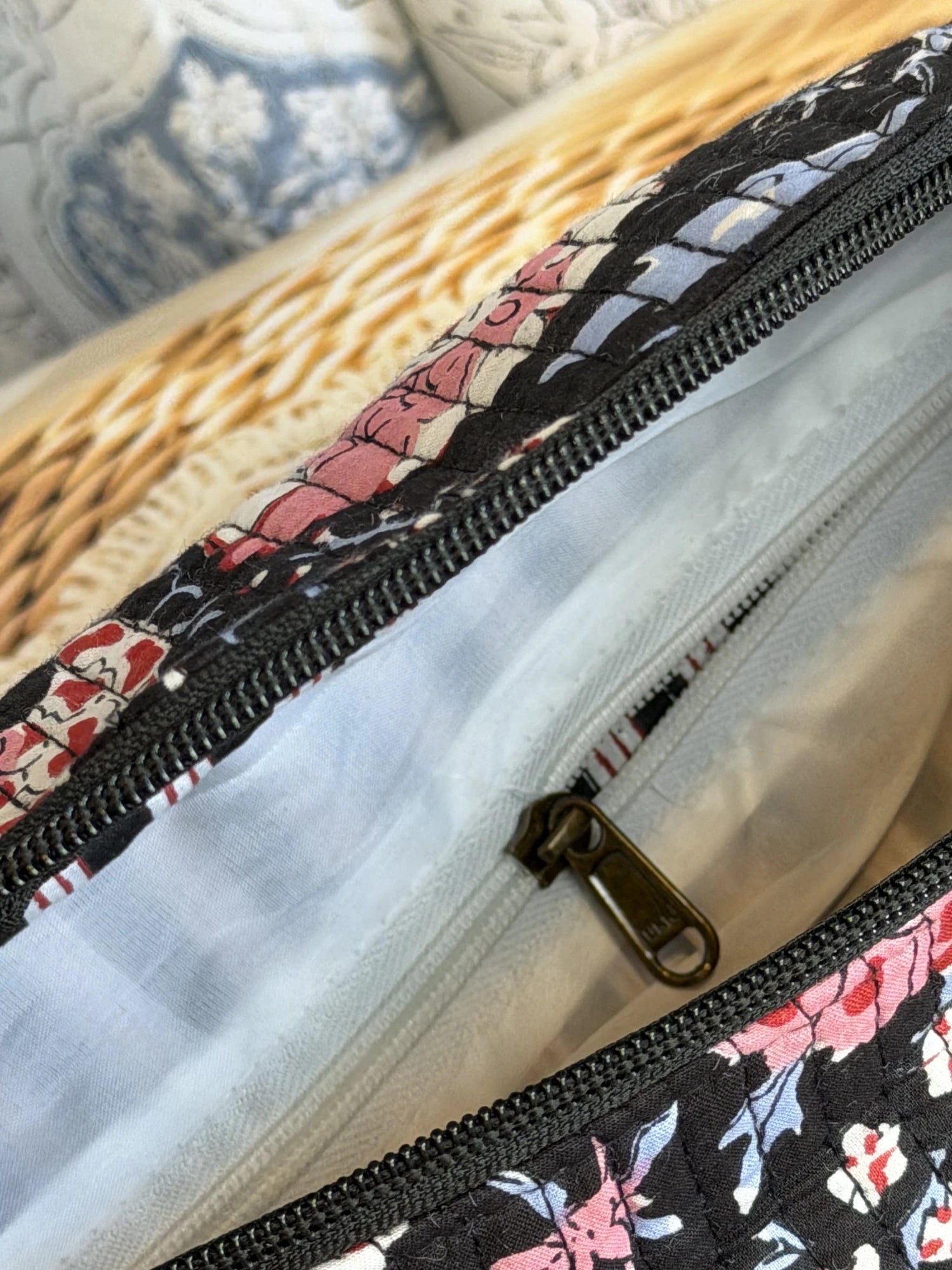 Jaipur Block Print Cotton Quilted Fanny Bag / Waist Bag in black and pink floral print side view