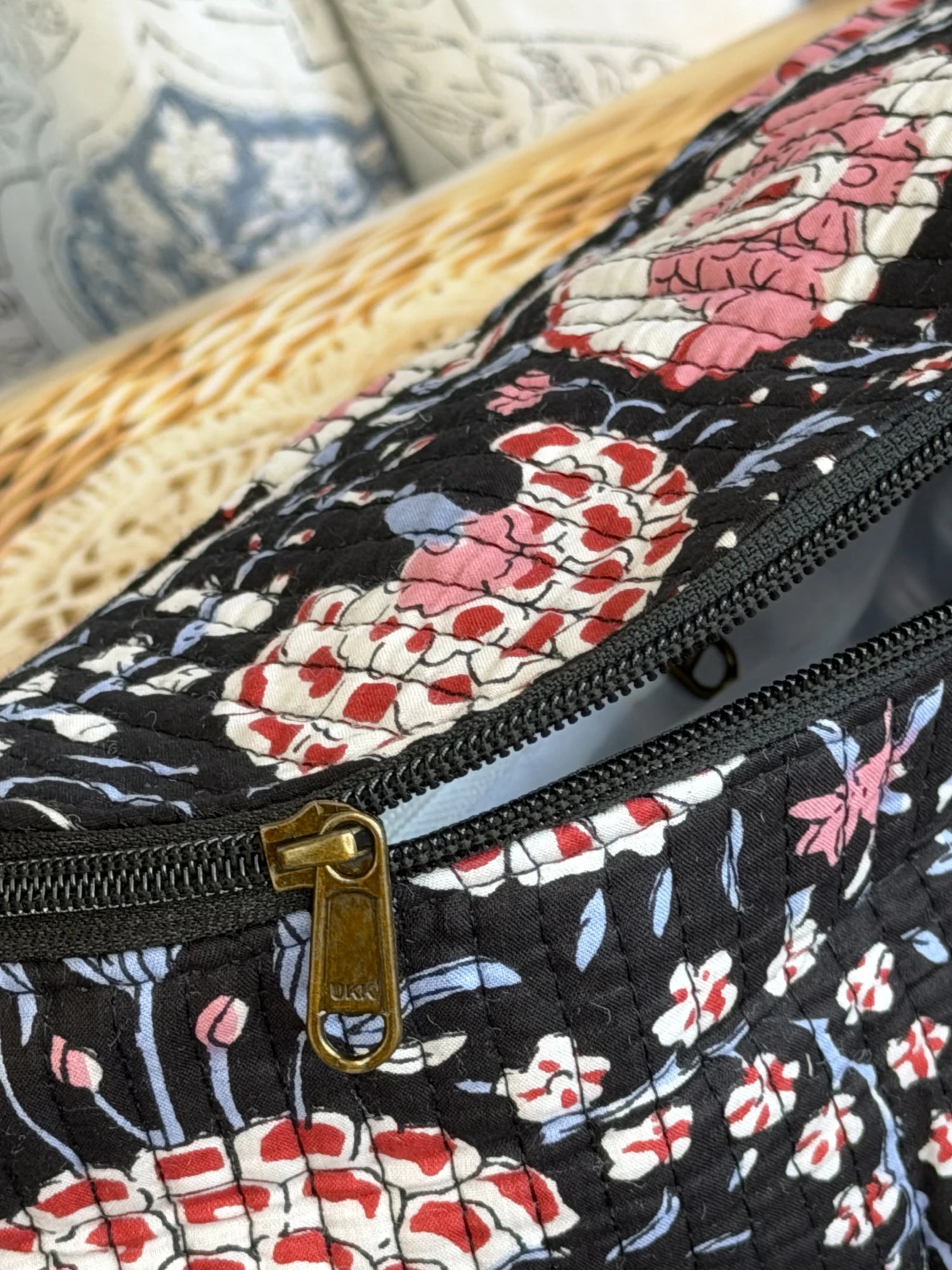 Jaipur Block Print Cotton Quilted Fanny Bag / Waist Bag in black and pink floral print front view