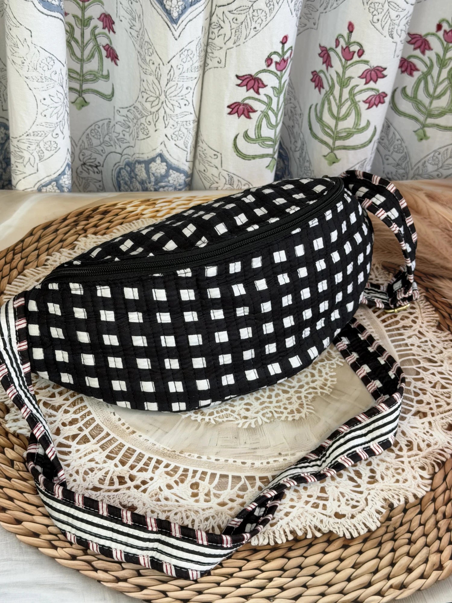 Jaipur Block Print Cotton Quilted Fanny Bag / Waist Bag in black and white geometric check print front view