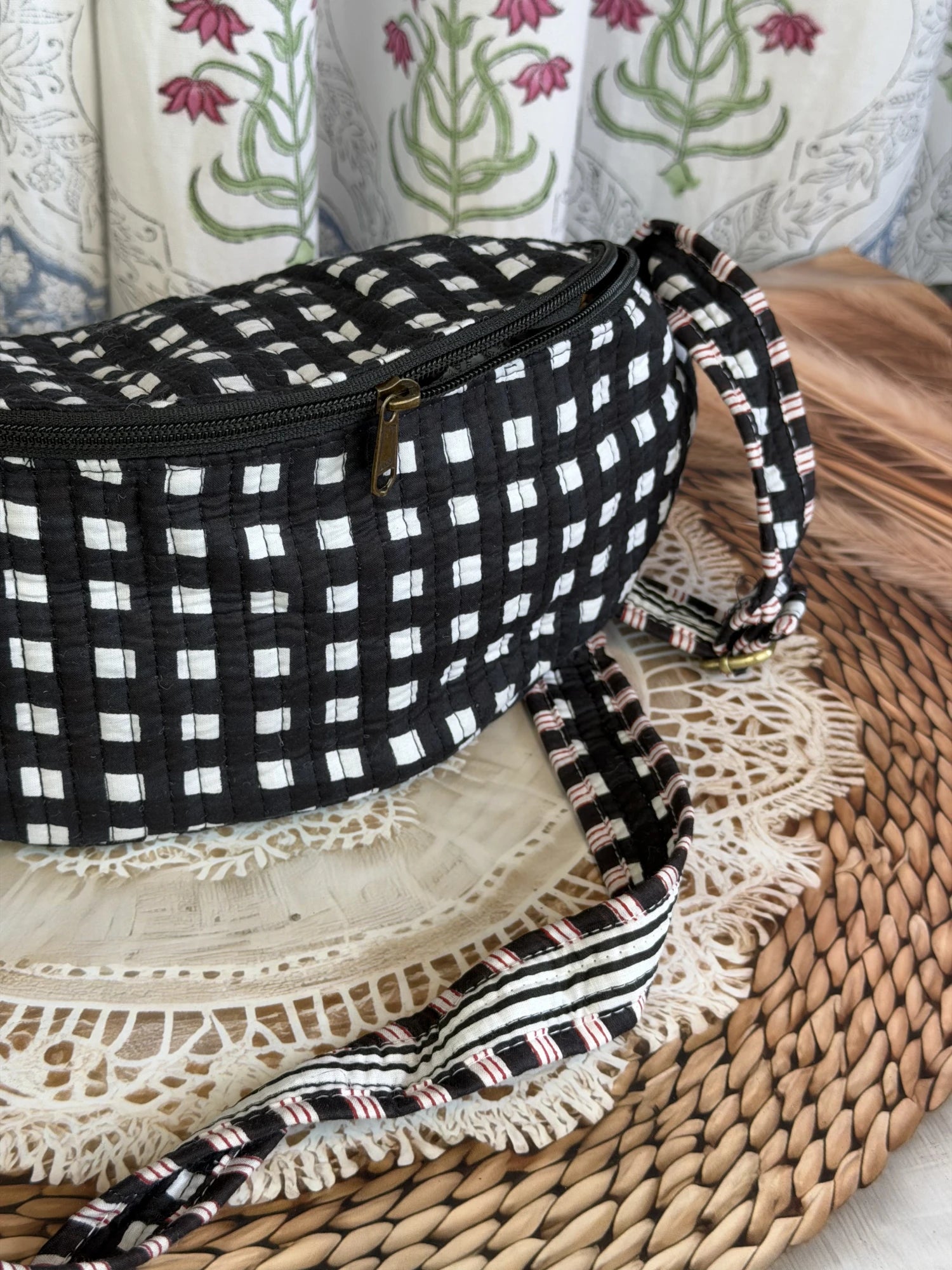 Jaipur Block Print Cotton Quilted Fanny Bag / Waist Bag in black and white geometric check print side view