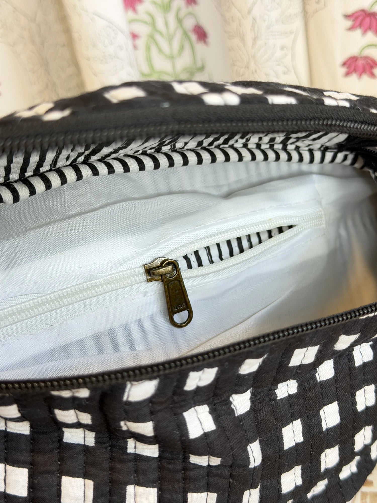 Jaipur Block Print Cotton Quilted Fanny Bag / Waist Bag in black and white geometric check print back view