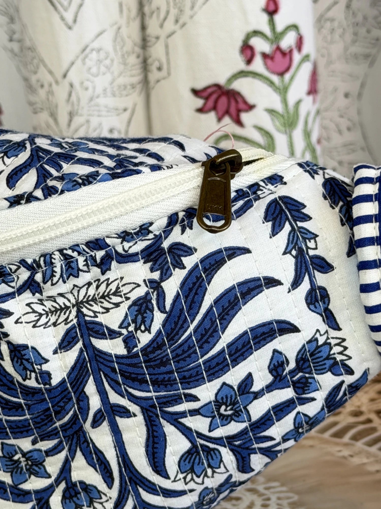 Jaipur Block Print Cotton Quilted Fanny Bag / Waist Bag in blue floral print with green leaves front view