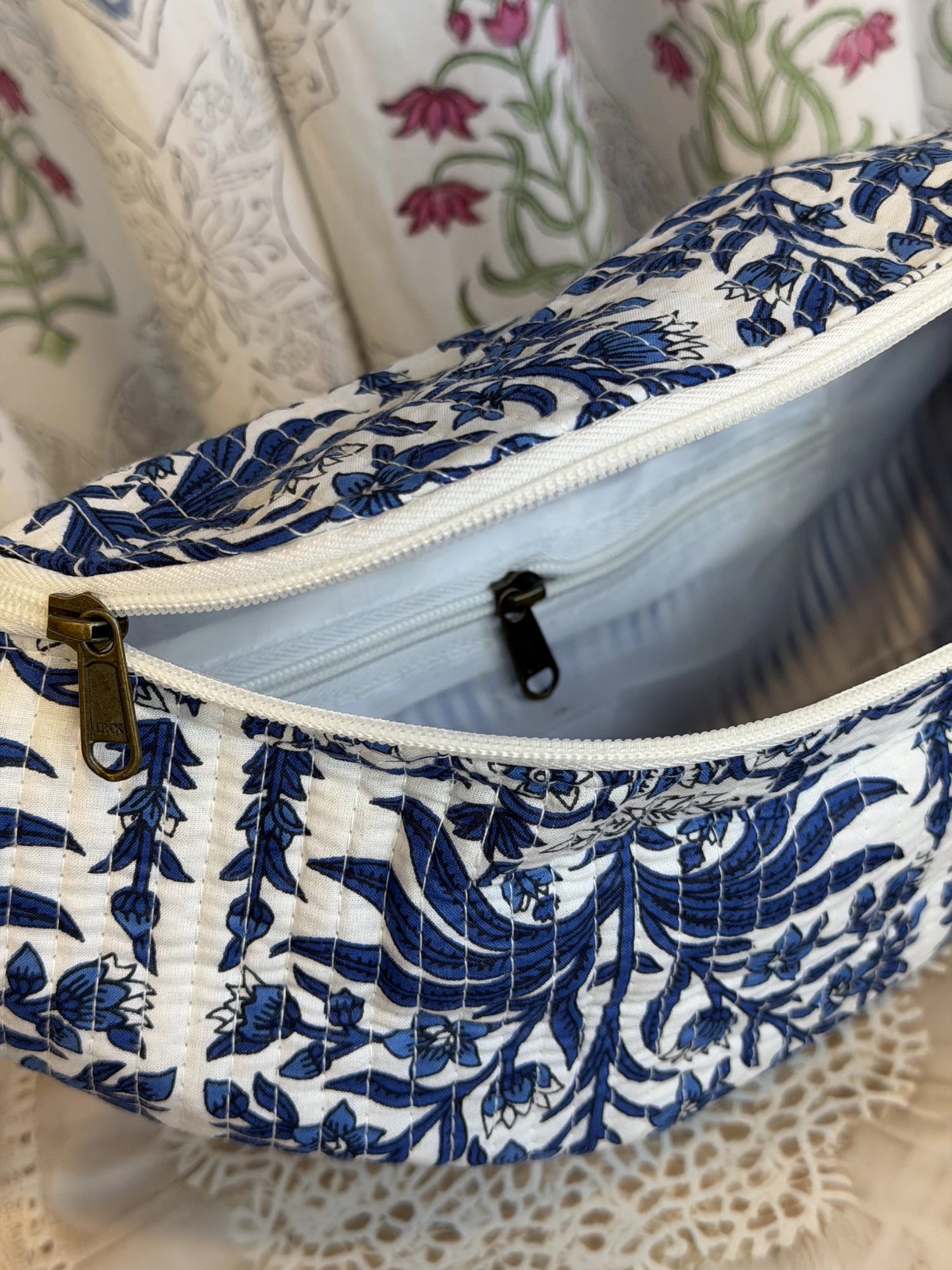 Jaipur Block Print Cotton Quilted Fanny Bag / Waist Bag in blue floral print with green leaves side view