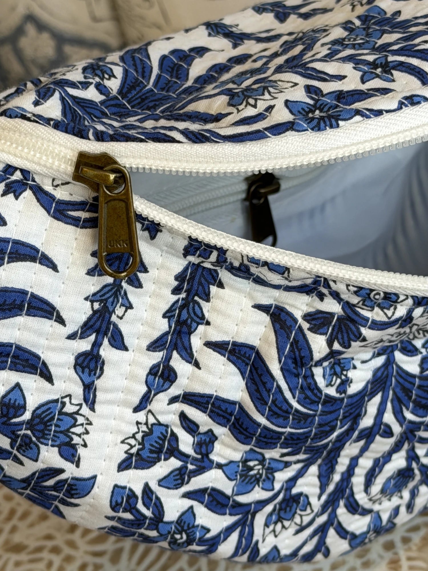 Jaipur Block Print Cotton Quilted Fanny Bag / Waist Bag in blue floral print with green leaves back view