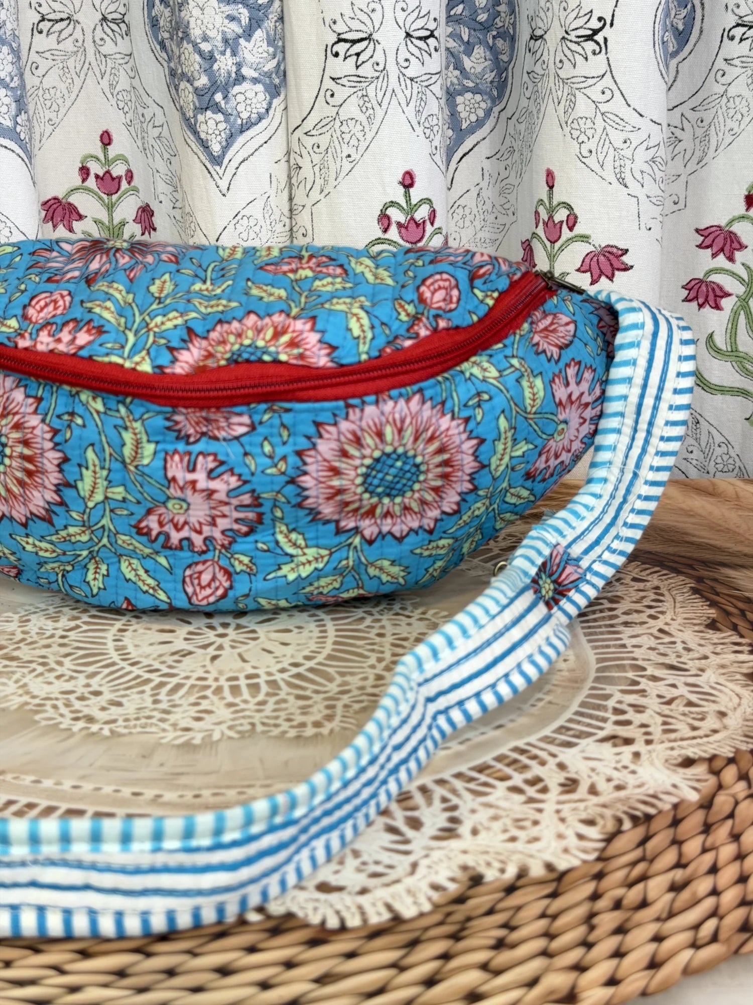 Jaipur Block Print Cotton Quilted Fanny Bag / Waist Bag in blue floral print front view