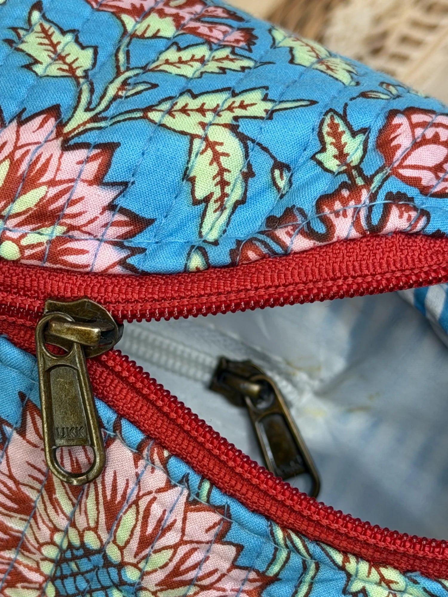 Jaipur Block Print Cotton Quilted Fanny Bag / Waist Bag in blue floral print side view