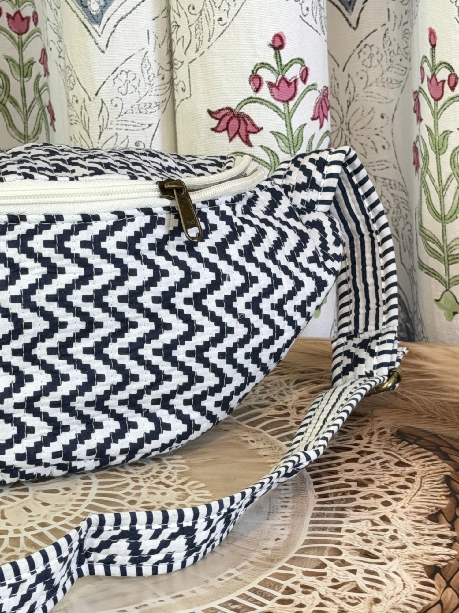 Jaipur Block Print Cotton Quilted Fanny Bag / Waist Bag in blue and white geometric zigzag print side view