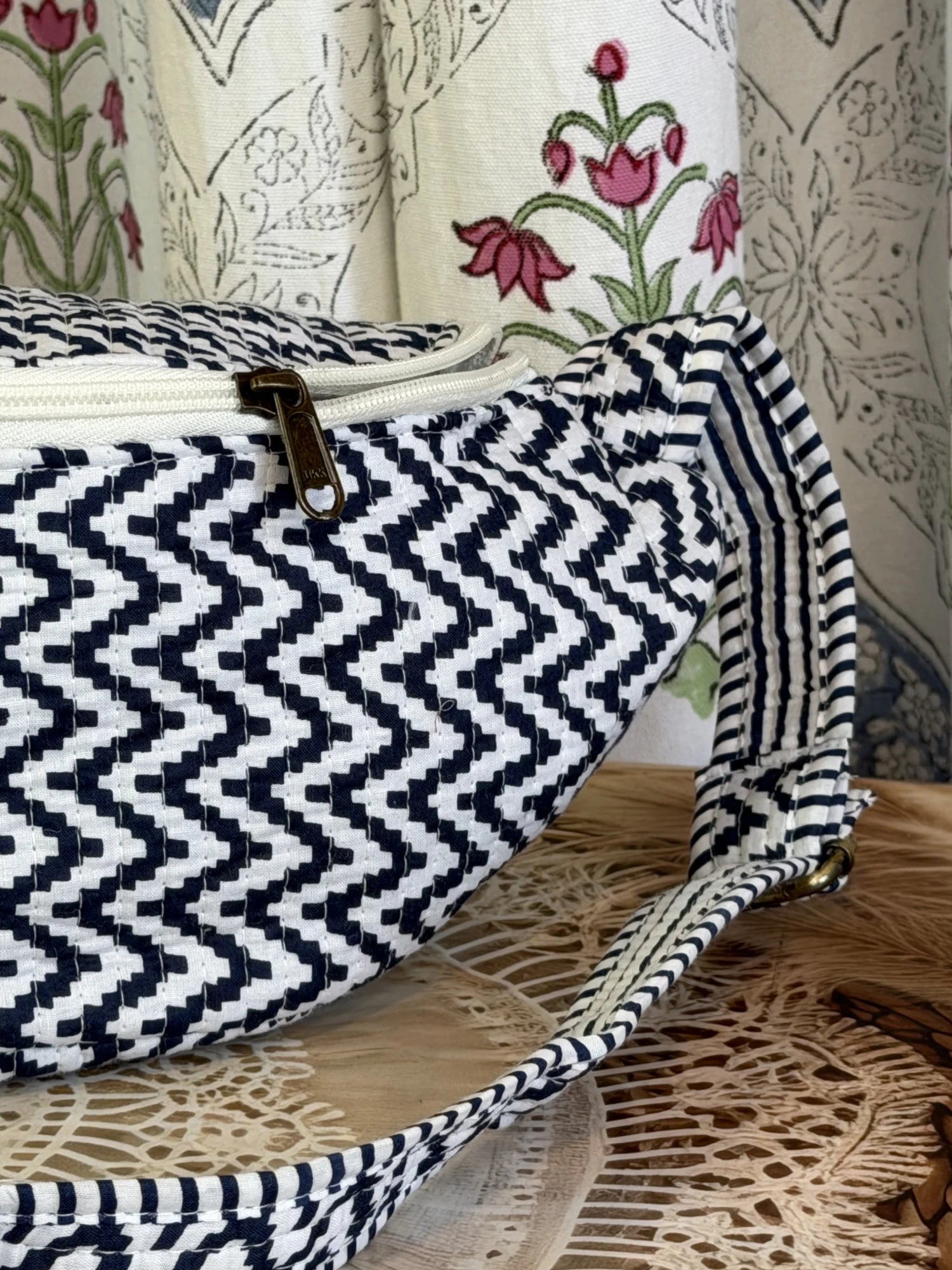 Jaipur Block Print Cotton Quilted Fanny Bag / Waist Bag in blue and white geometric zigzag print back view