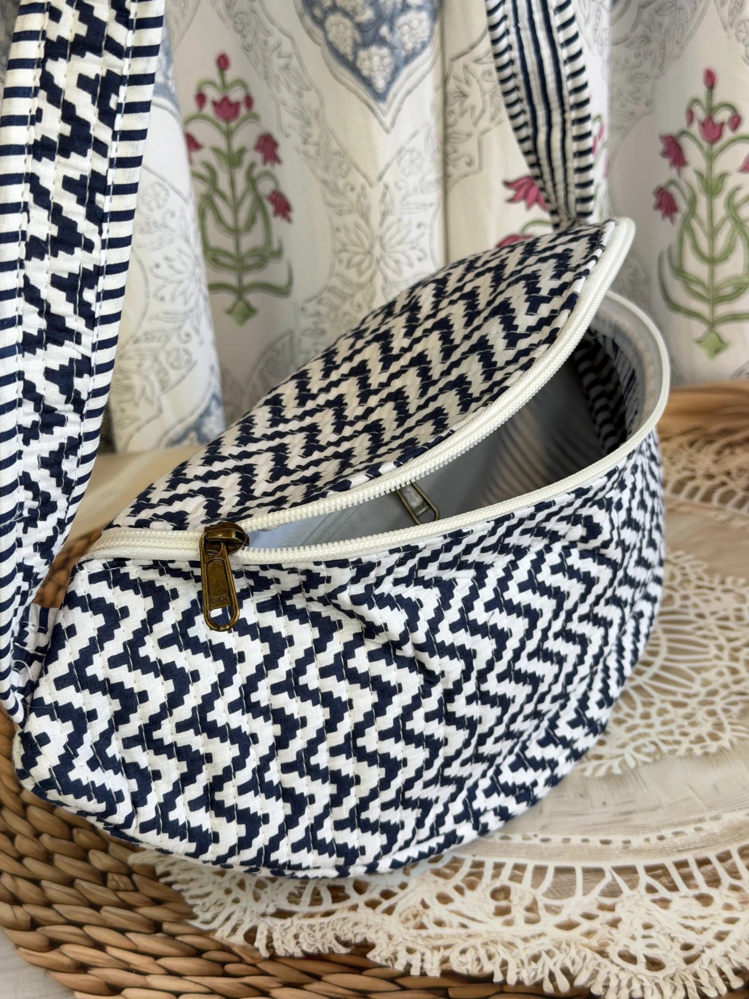 Jaipur Block Print Cotton Quilted Fanny Bag / Waist Bag in blue and white geometric zigzag print front view