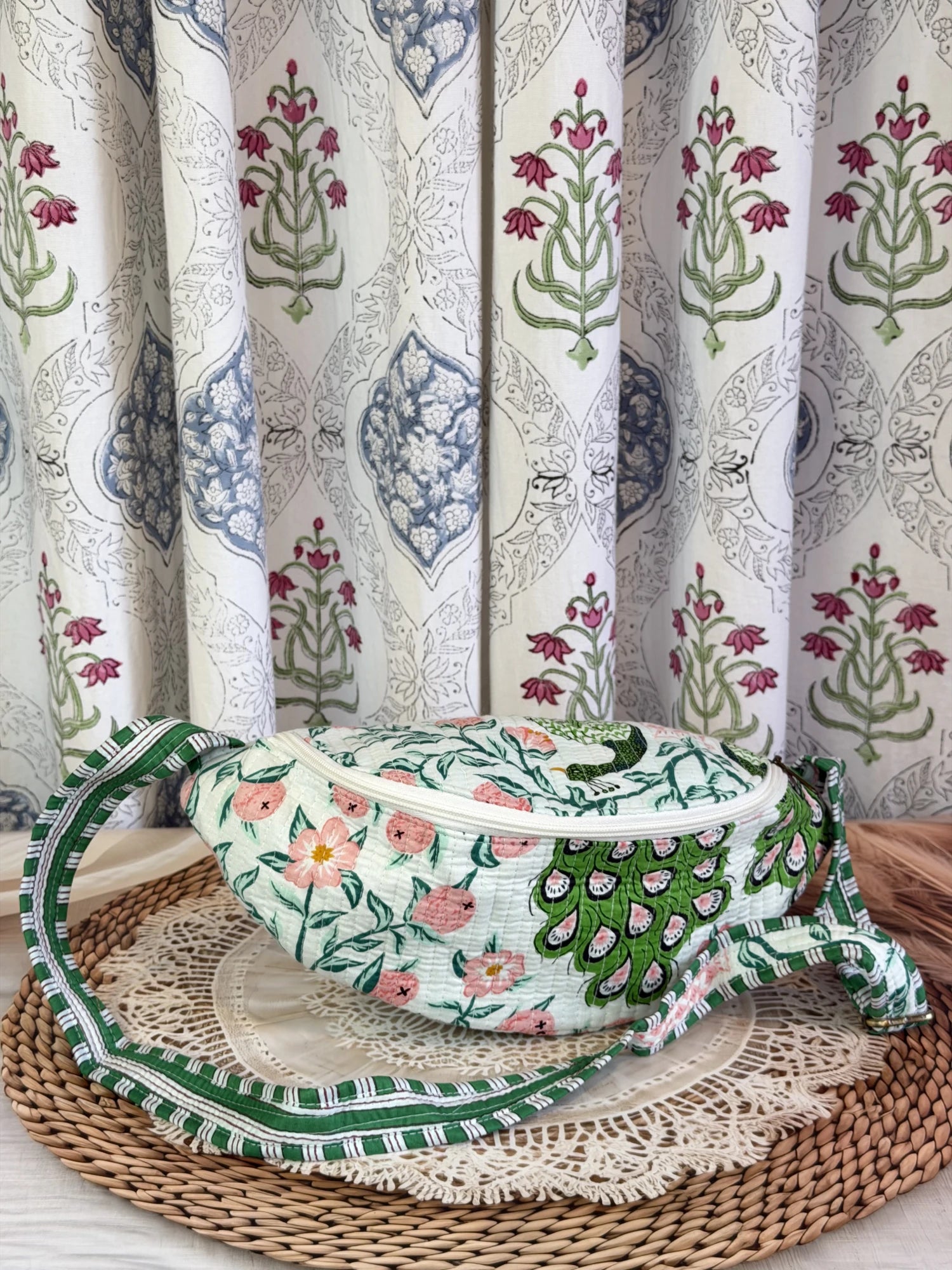 Jaipur Block Print Cotton Quilted Fanny Bag / Waist Bag in green and pink peacock print front view