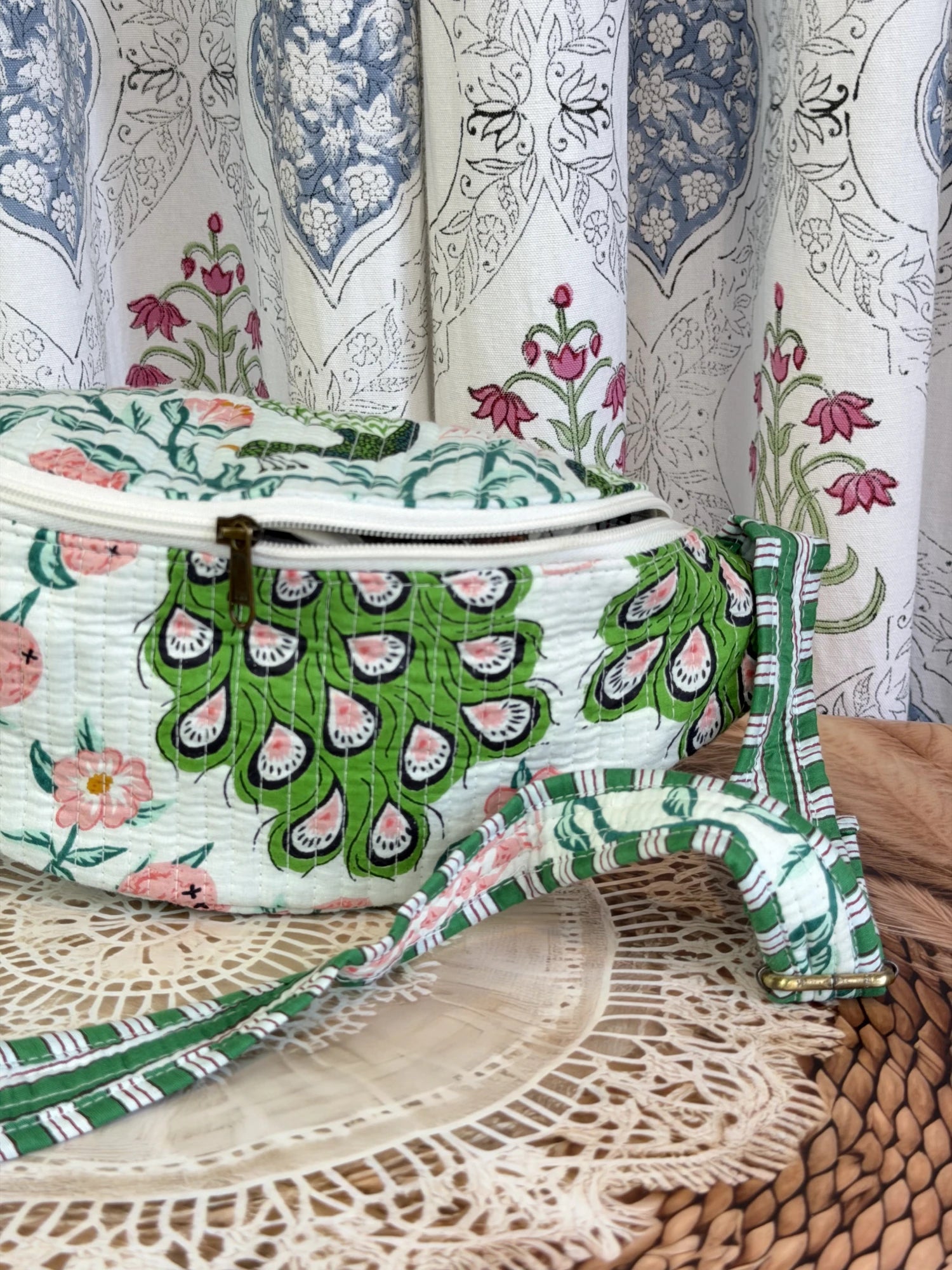 Jaipur Block Print Cotton Quilted Fanny Bag / Waist Bag in green and pink peacock print side view
