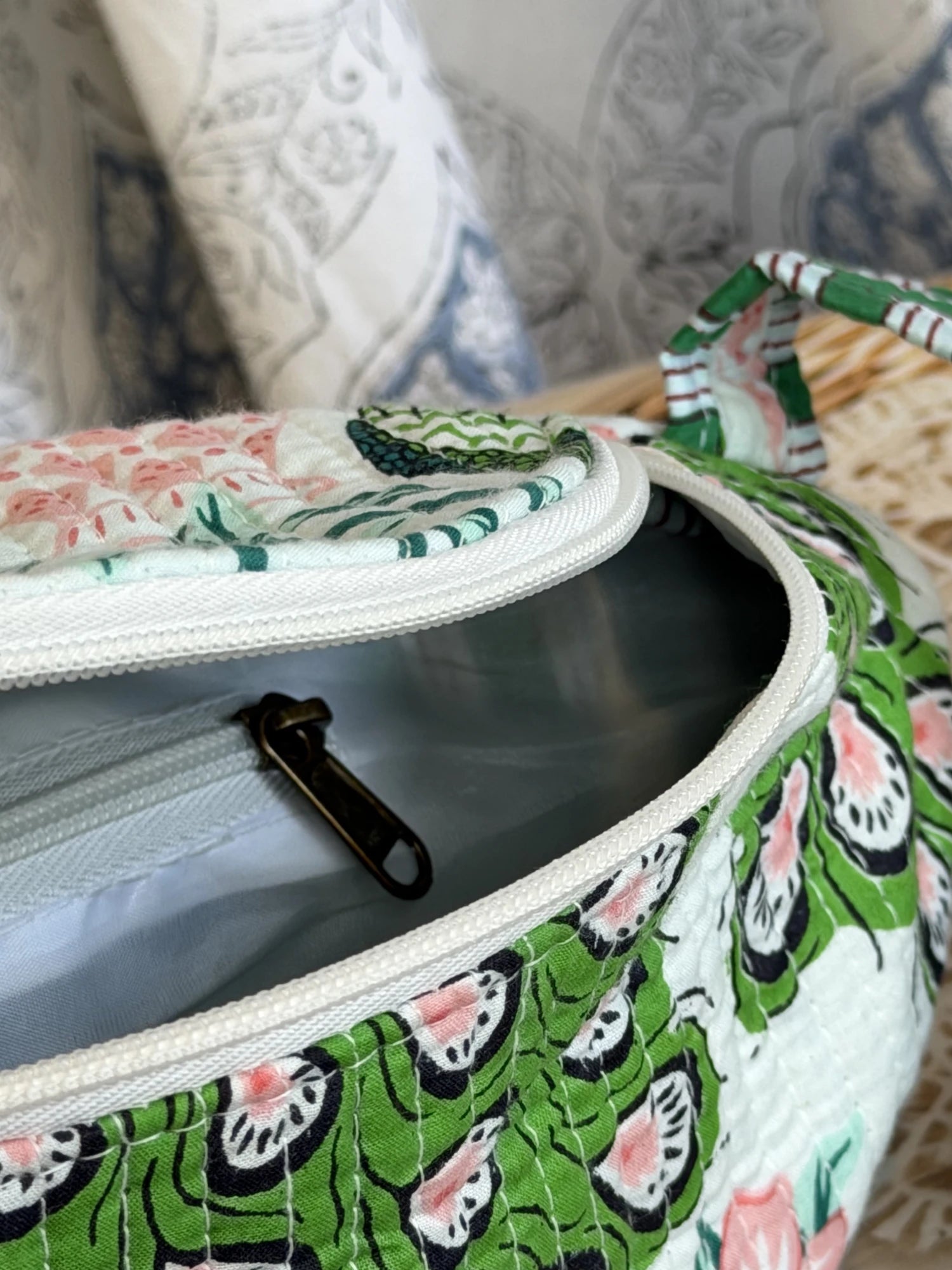Jaipur Block Print Cotton Quilted Fanny Bag / Waist Bag in green and pink peacock print back view
